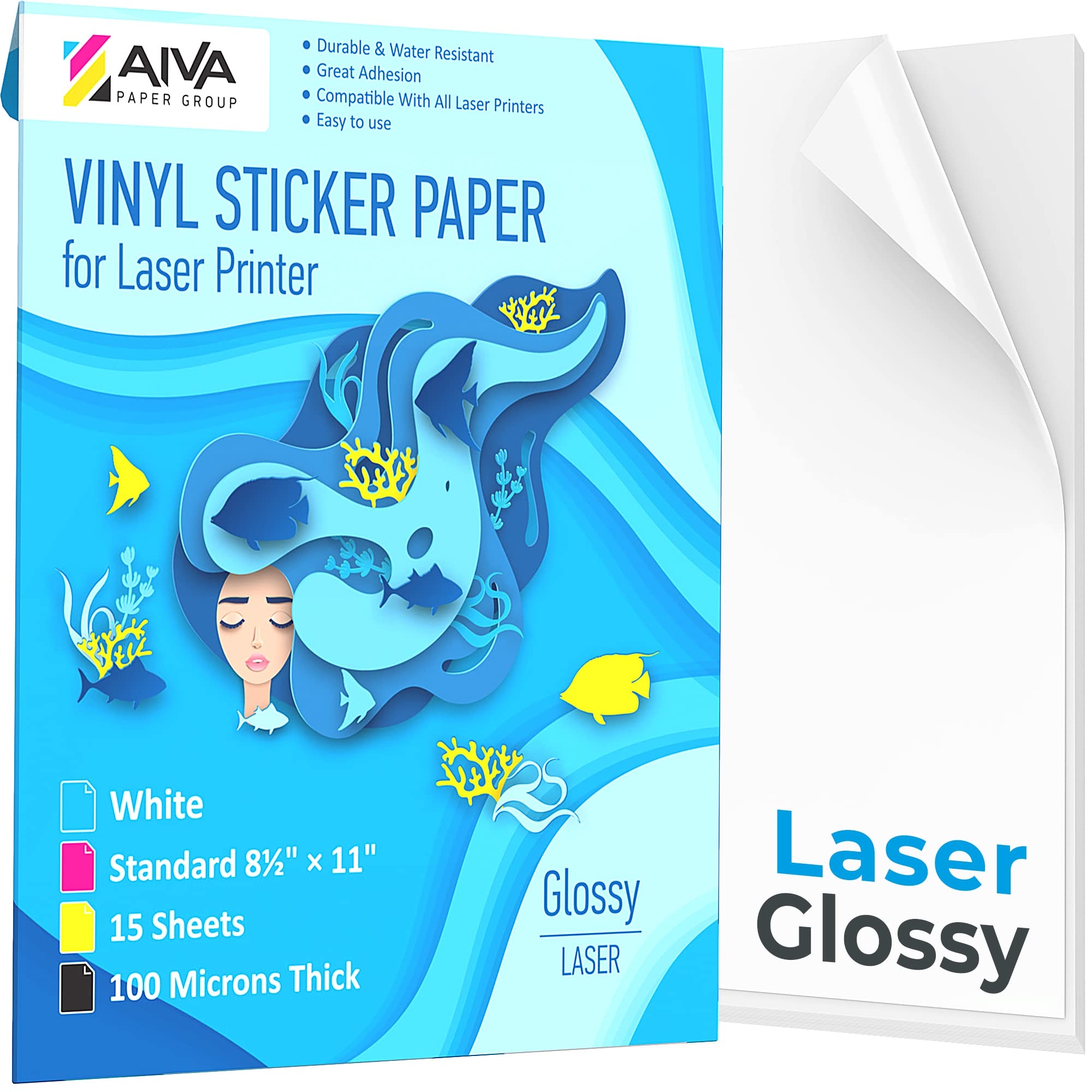Amazon Printable Vinyl Sticker Paper For Laser Printer Glossy White 15 Self Adhesive Sheets Waterproof Decal Paper Standard Letter Size 8 5 x11 Office Products