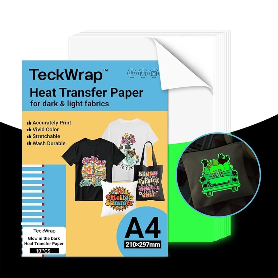 Amazon TECKWRAP Printable Heat Transfer Paper For T Shirts 10 Sheets 8 3 X 11 7 Printable Heat Transfer Vinyl For Inkjet Printer Iron On Transfer Paper For Light And Dark Fabric Glow In