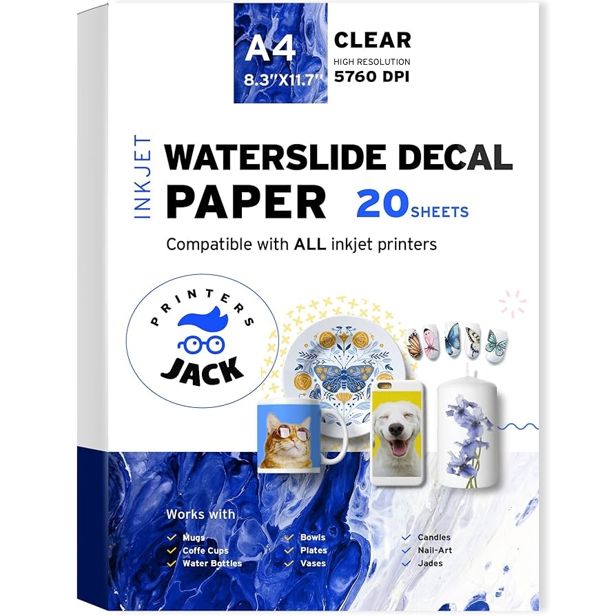 Amazon Water Slide Decal Paper Inkjet 20 Sheets A4 Size Premium Water Slide Transfer Paper Clear Transparent Printable Water Slide Decals For Tumblers Mugs Glasses DIY Christmas Gift Office Products