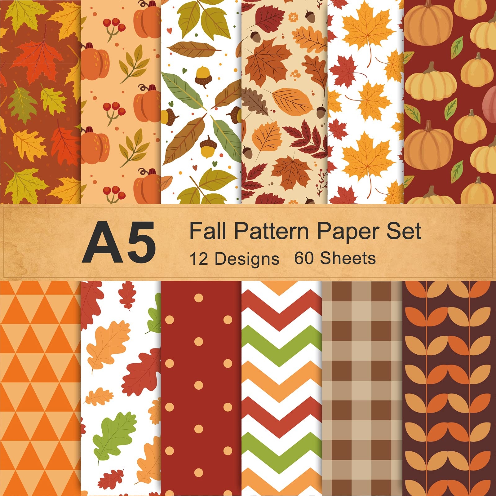 Amazon Whaline 60 Sheets Autumn Pattern Paper 5 5 X 8 3 Inch Fall Leaves Pumpkin Plaid Craft Paper Double Sided Origami Paper For Thanksgiving Card Making Scrapbook 12 Designs