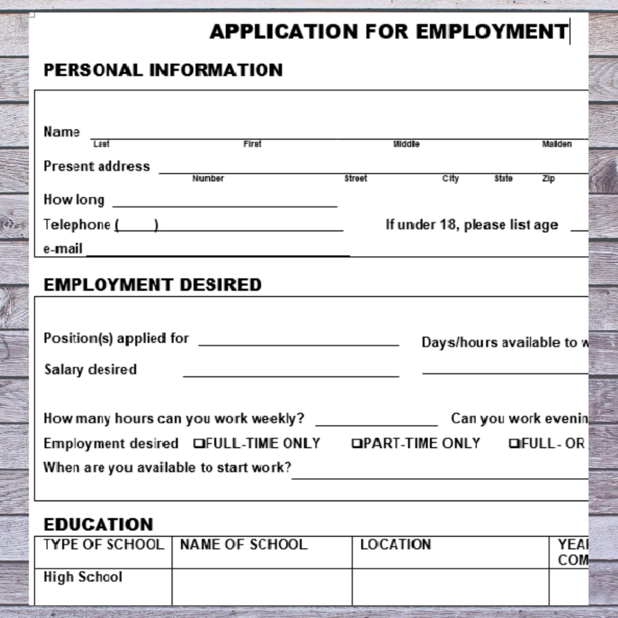 Application For Employment Generic Small Business Employment Application Job Application Template editable Word Doc Form Etsy