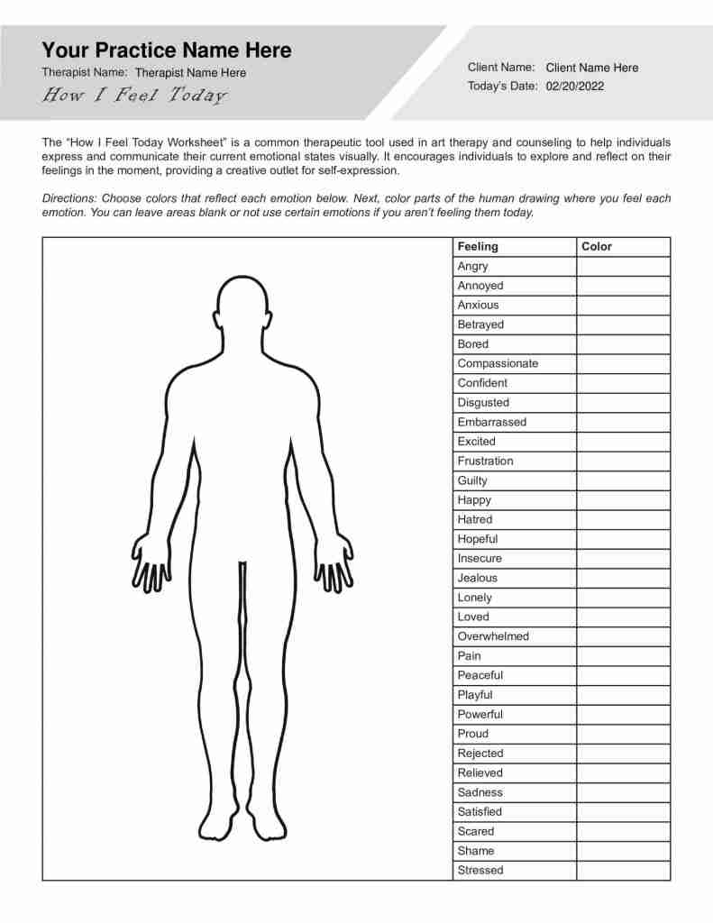 Art Therapy How I Feel Today Worksheet Editable Fillable Printable PDF TherapyPatron