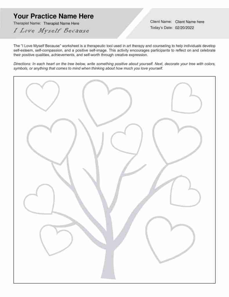 Art Therapy I Love Myself Because Worksheet Editable Fillable Printable PDF TherapyPatron