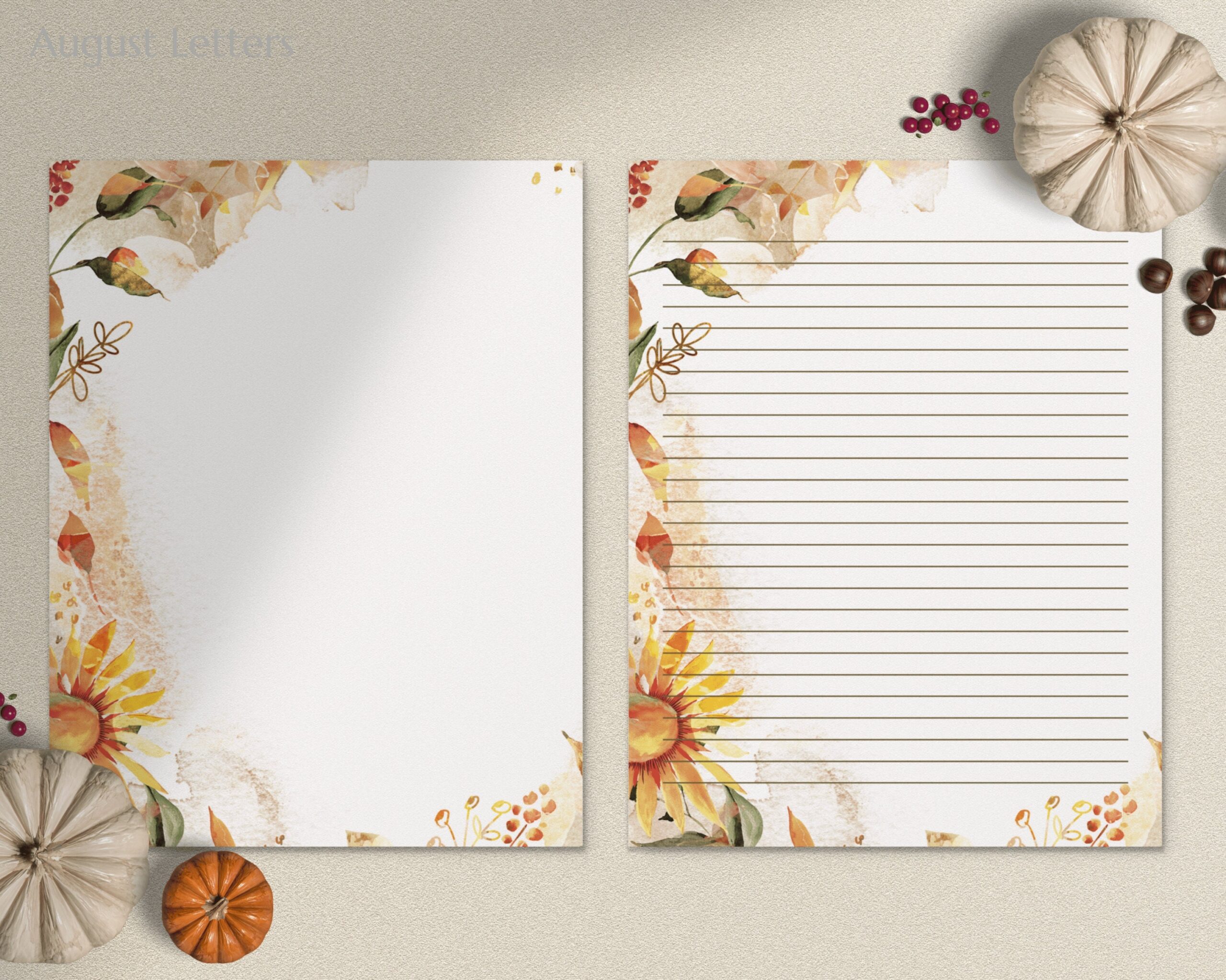 Autumn Sunflower Printable Letter Writing Paper A4 8 5x11 Lined Unlined Digital Stationery Paper Instant Download Etsy