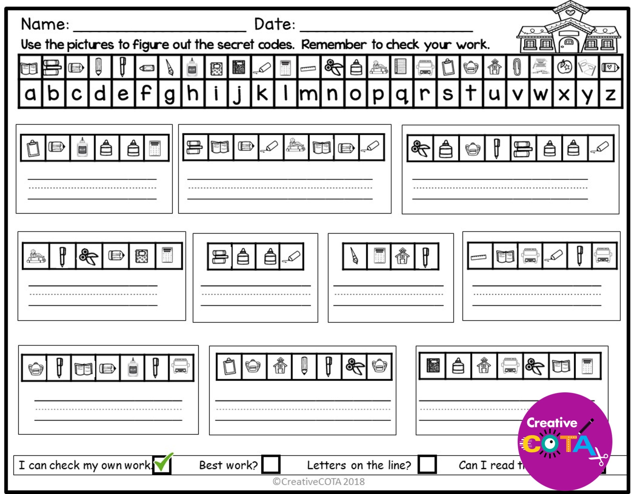 Back To School Secret Code Worksheets Your Therapy Source