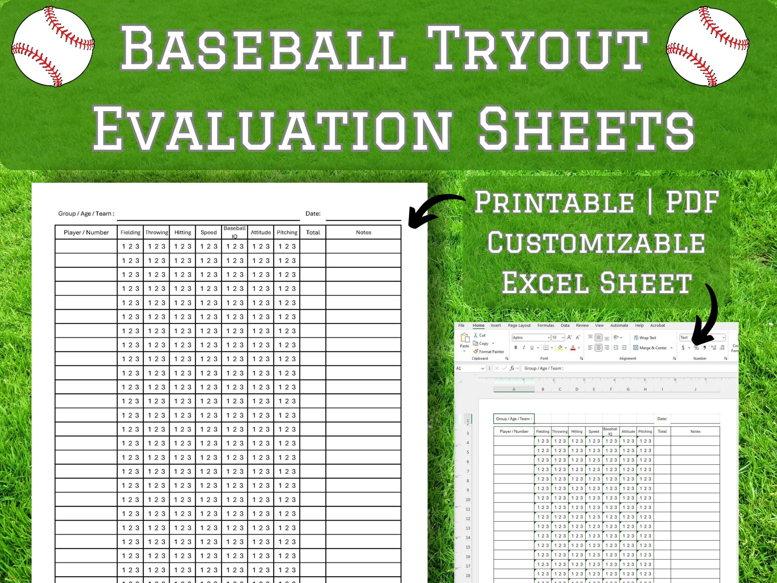Baseball Tryout Evaluation Sheets PDF Excel Customizable Etsy