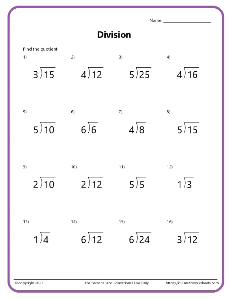 Division Practice Worksheets Printable