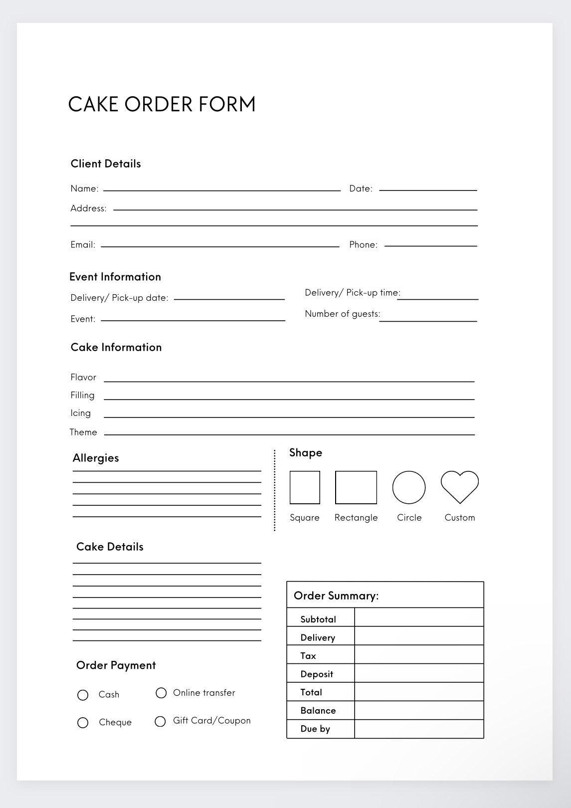 Printable Home Bakery Order Form Pdf