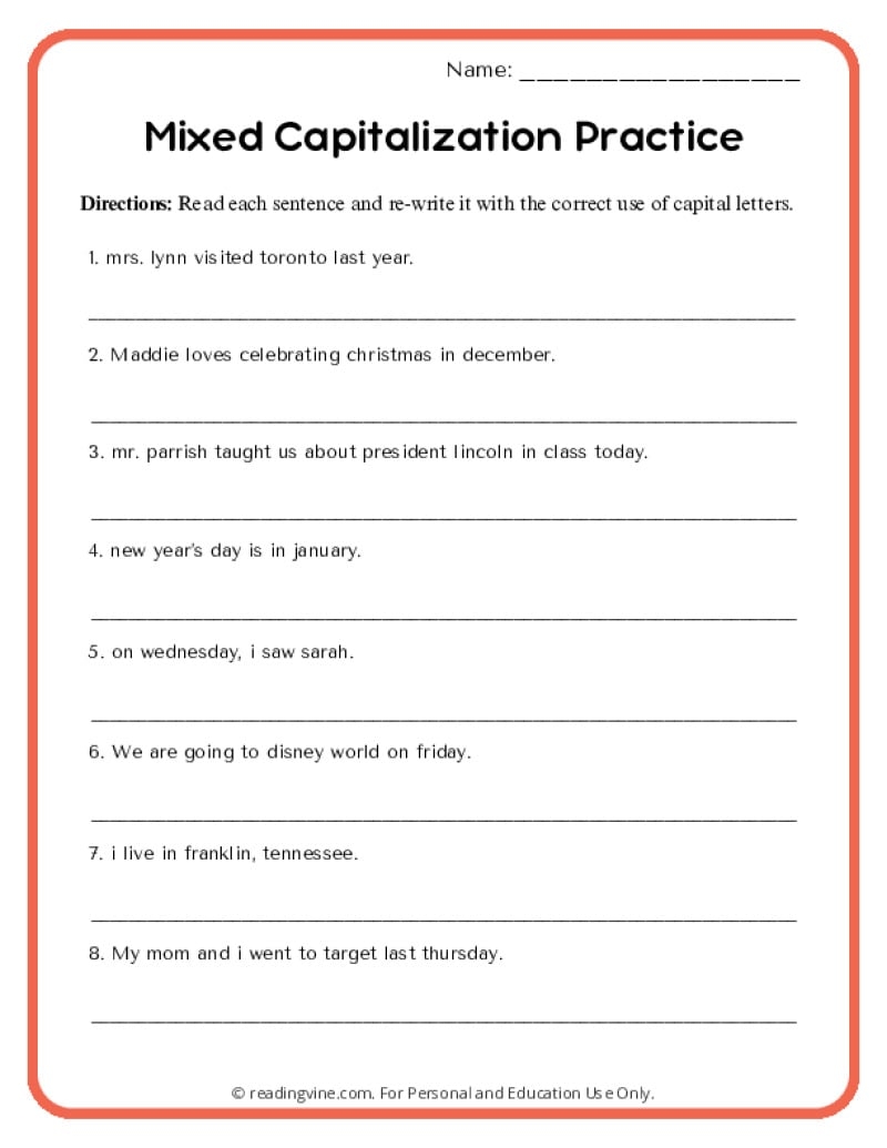 Capitalization Worksheets ReadingVine