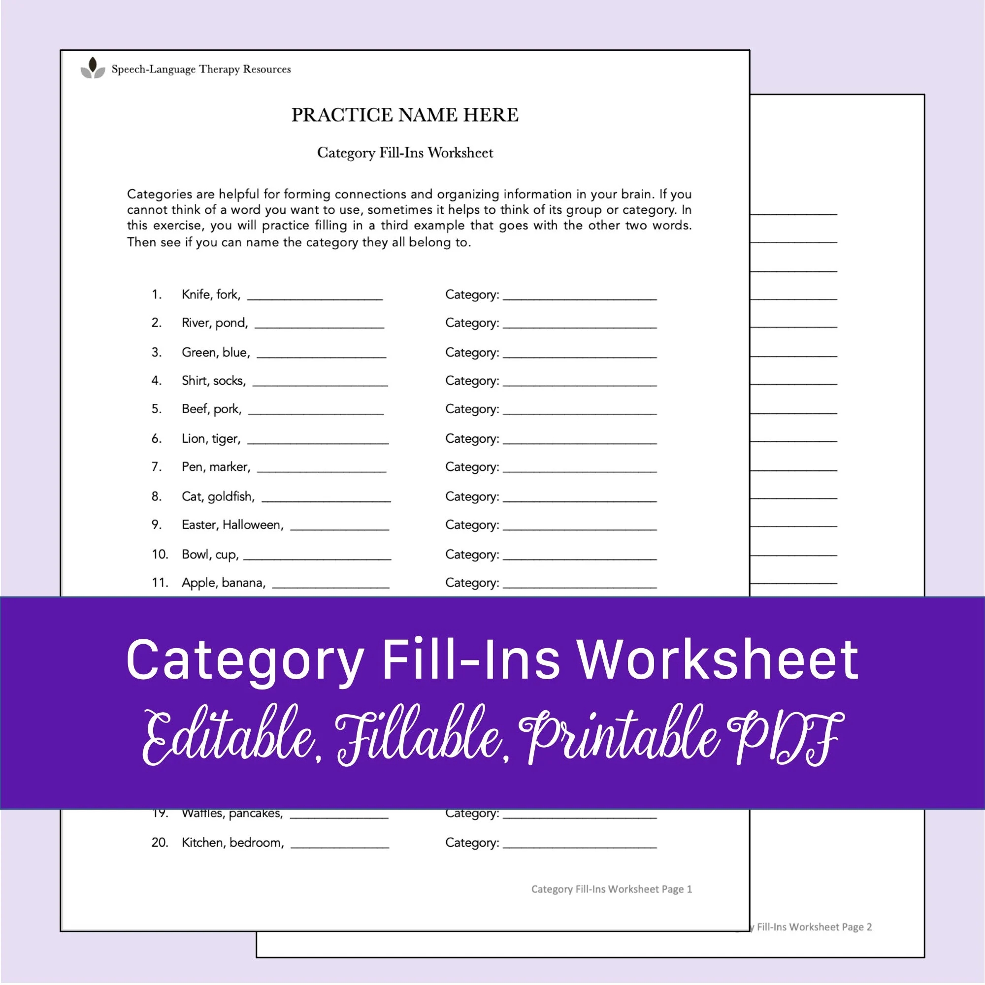 category fill ins worksheet for aphasia fillable printable pdf etsy