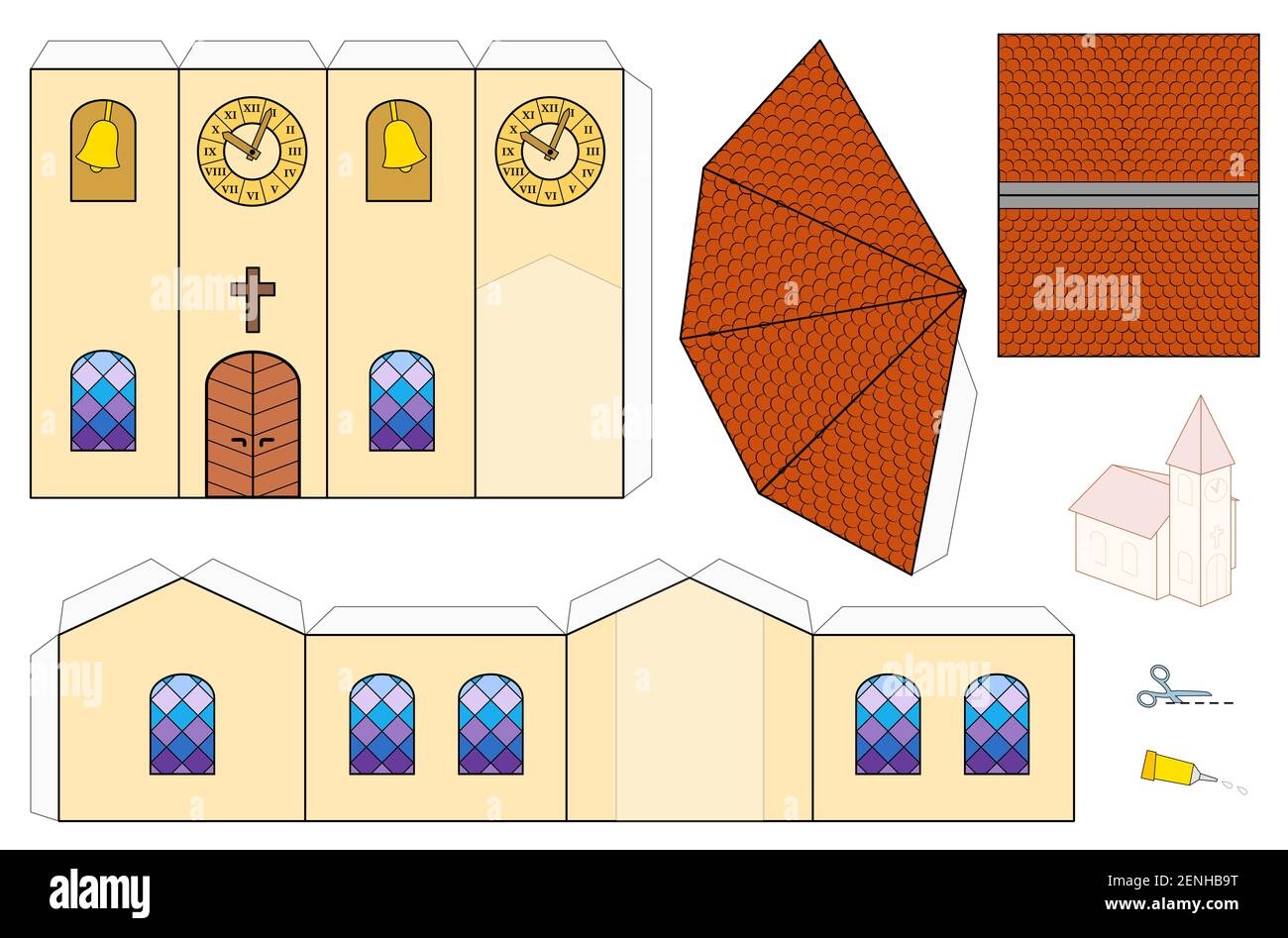 Church Template Paper Craft Model Cut out Sheet For Making A Simple 3d Scale Model Church With Colorful Windows Belfry Tower Clock And Shingles Stock Photo Alamy