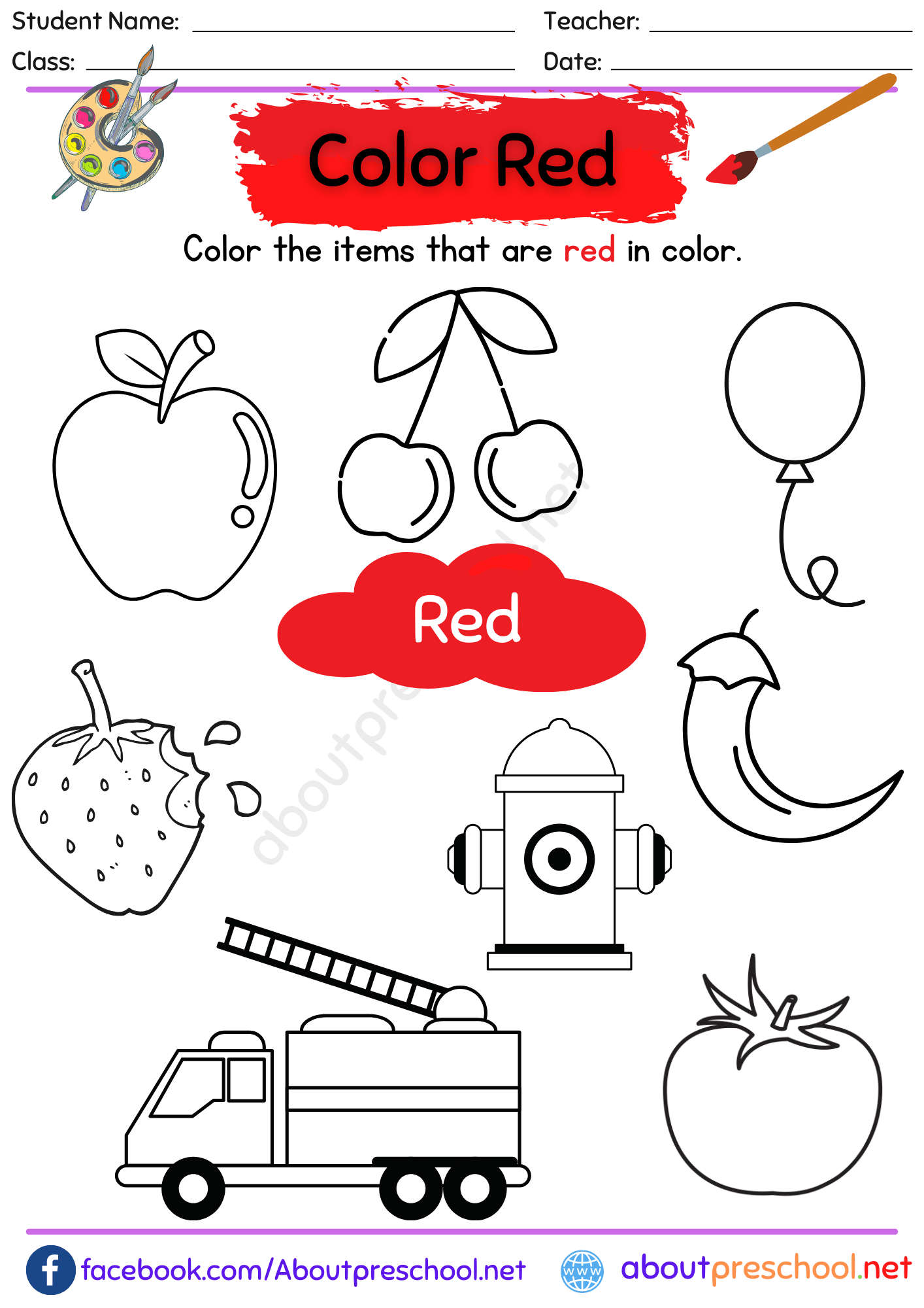 color red worksheet for preschool about preschool