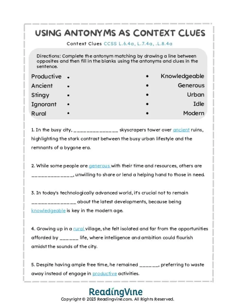 Free Printable Context Clues Worksheets
