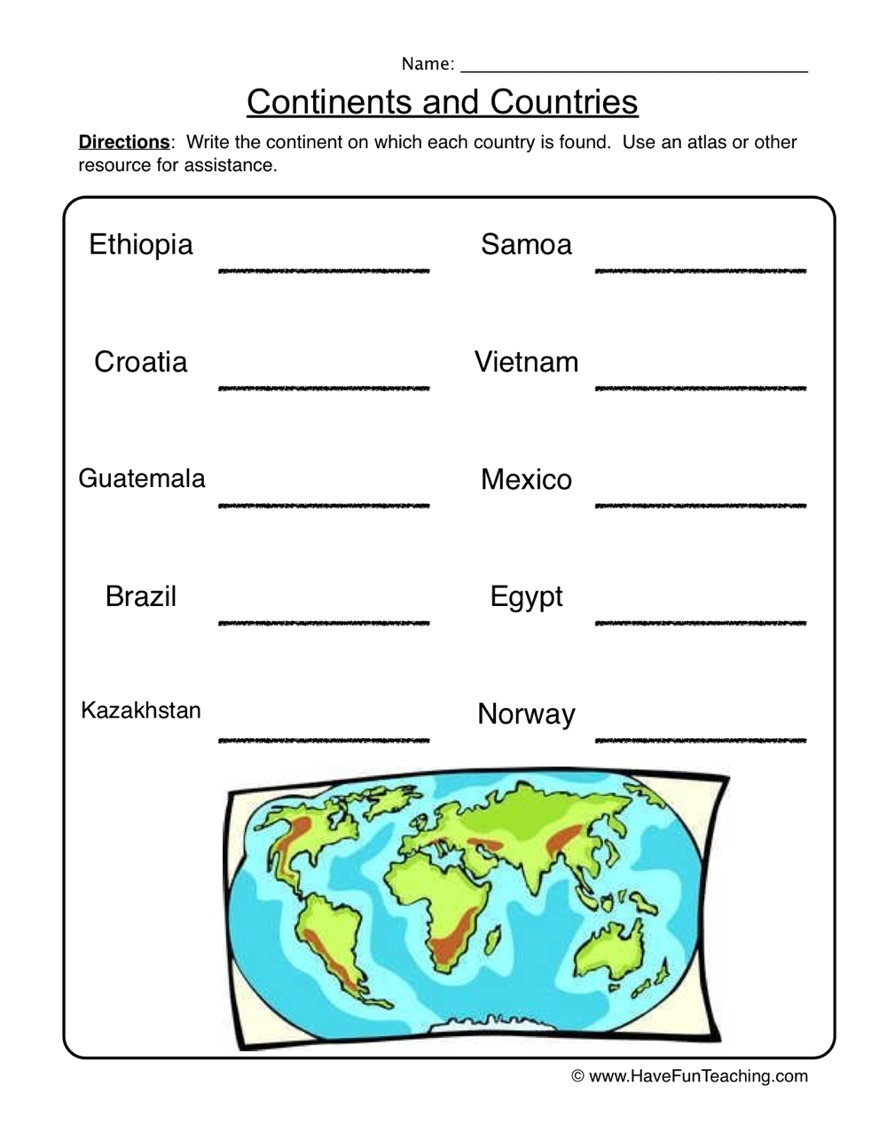 Continents Printable Worksheets