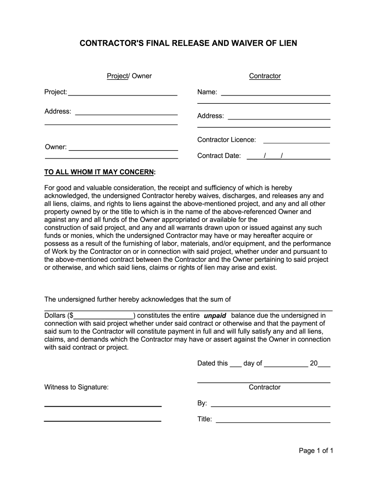 Blank Printable Lien Waiver Form