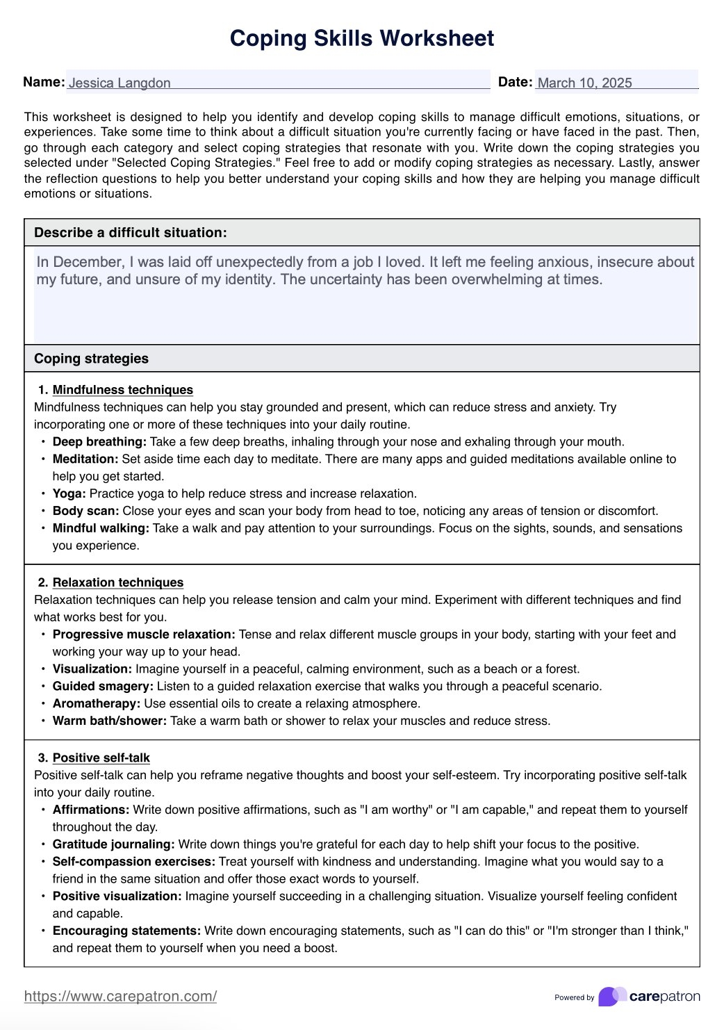 Coping Skills Worksheets Example Free PDF Download