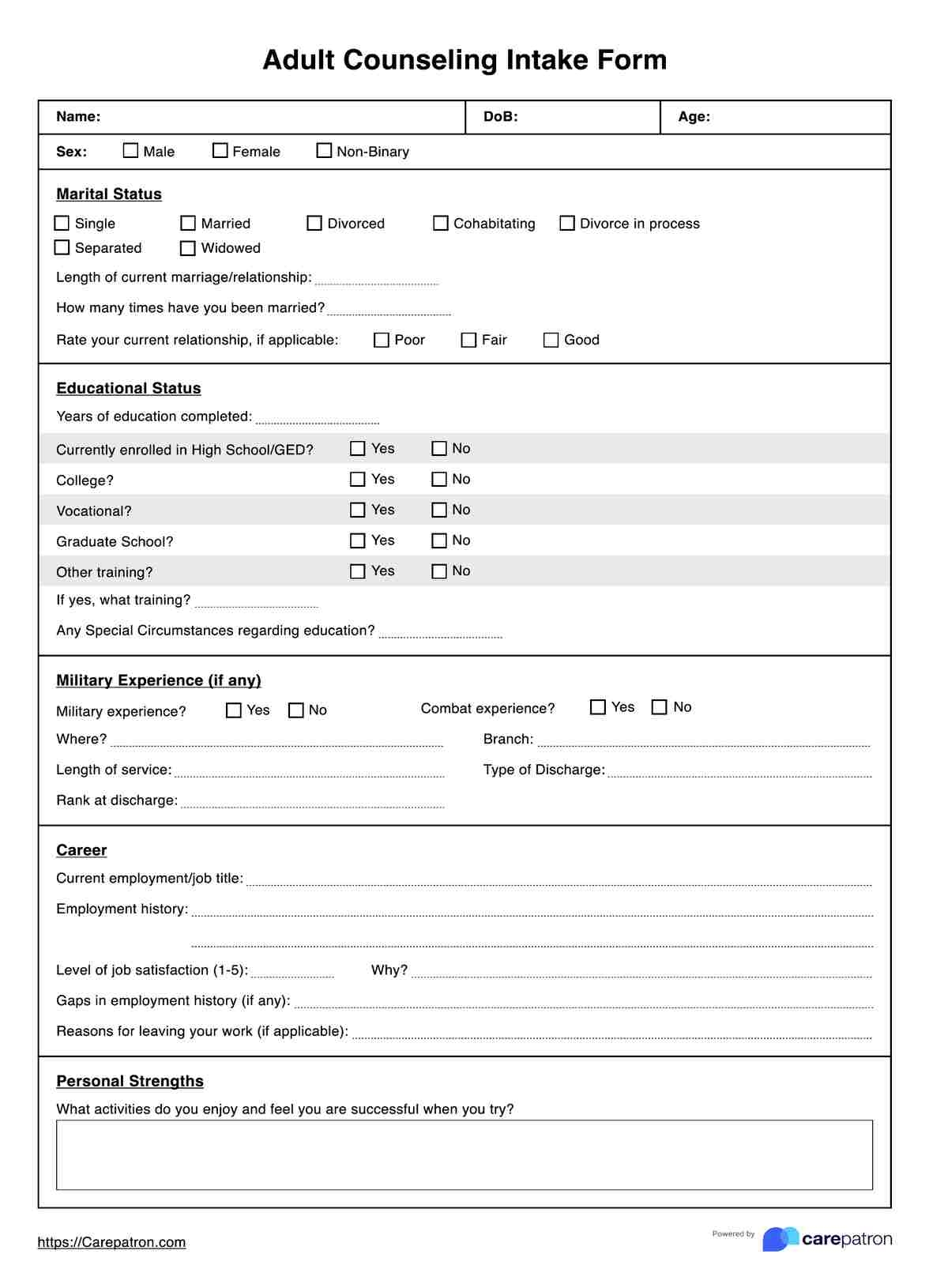 Counseling Intake Form Template Example Free PDF Download