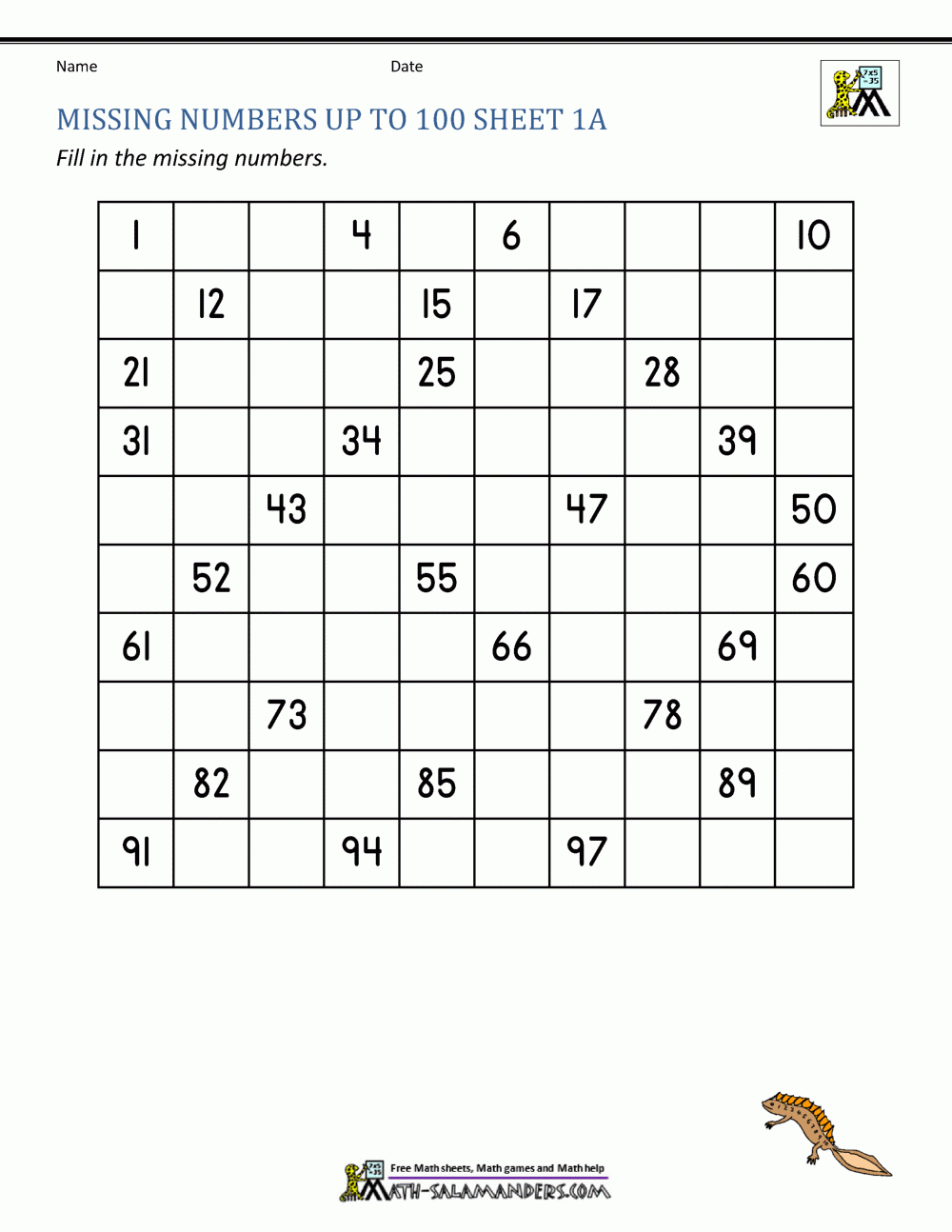 Numbers 1-100 Printable Worksheets