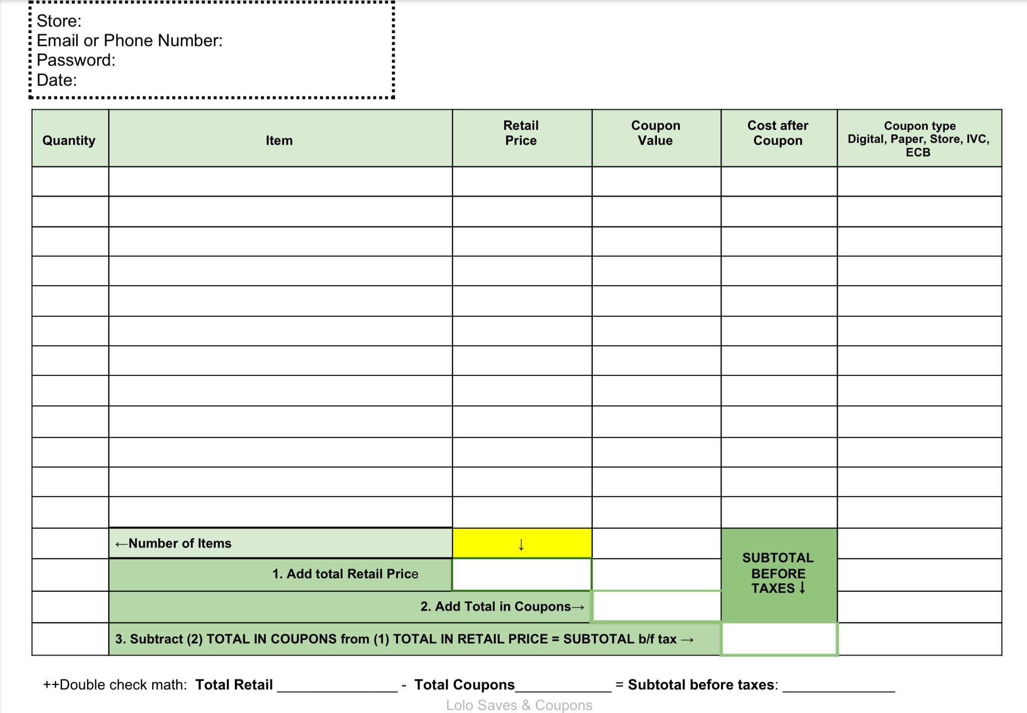 Coupon Breakdown Sheets Bundle L Calculations Sheet L Password Sheet L Notes Sheet Etsy