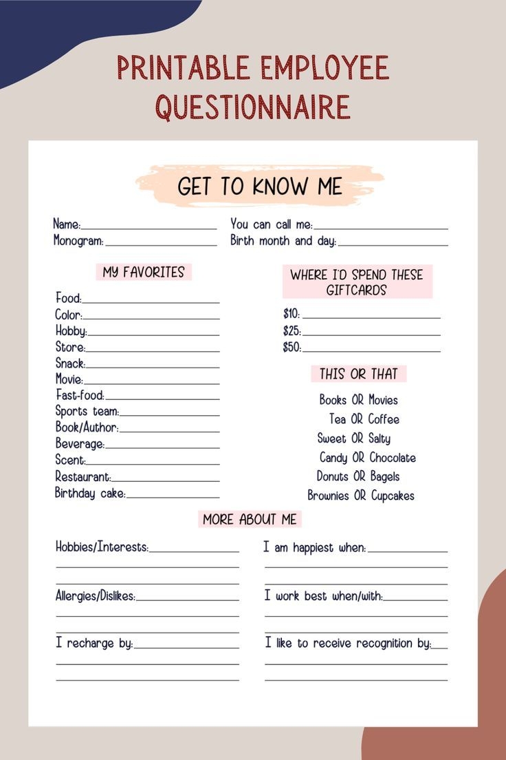 Coworker Questions Printable All About Me Employee Questionnaire Employee Appreciation Favorites