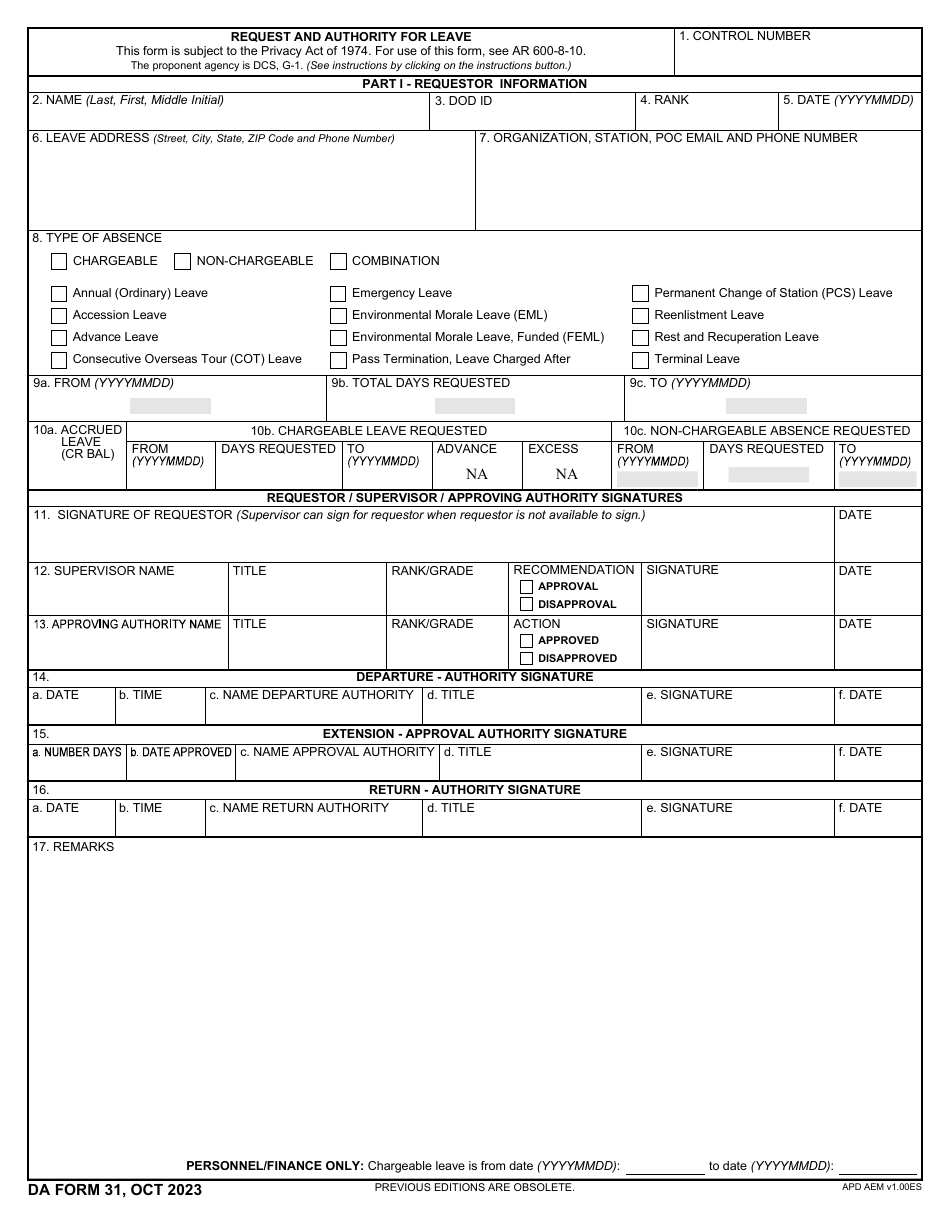 DA Form 31 Download Fillable PDF Or Fill Online Request And Authority For Leave 1993 2025 Templateroller