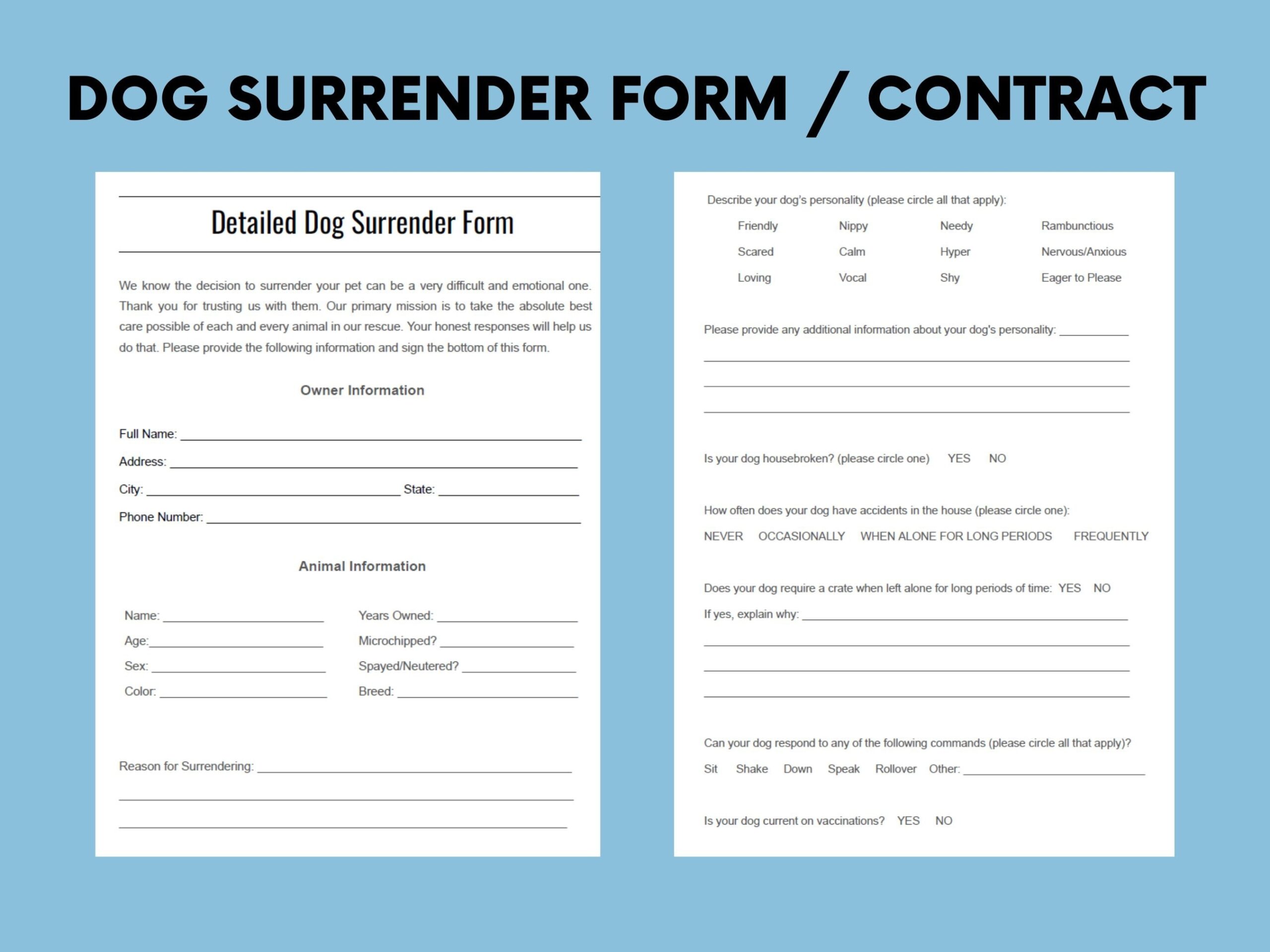 Detailed Dog Surrender Form For Shelters Rescues And Humane Societies Etsy