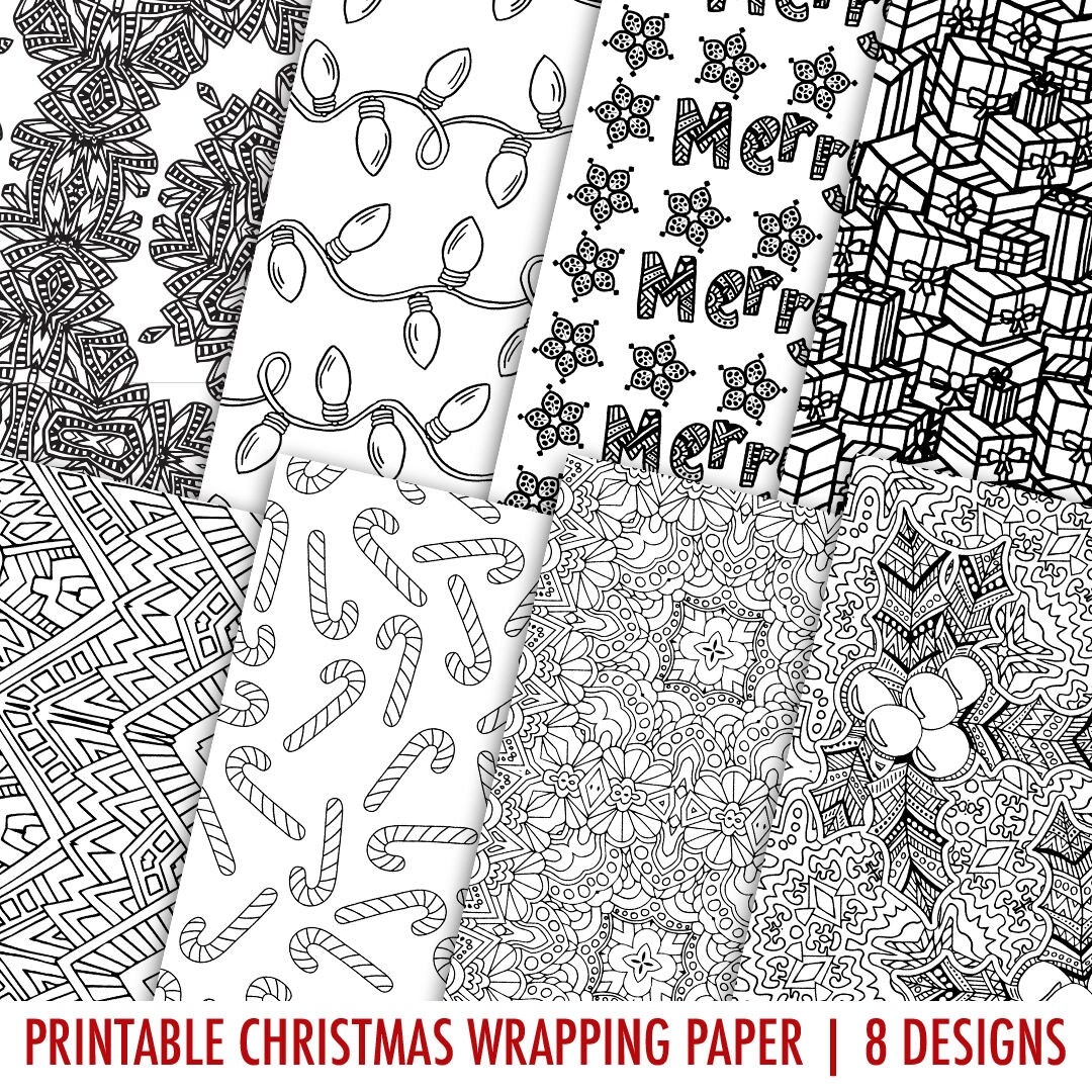 Digital Gift Wrap Christmas 8 Pack Printable Coloring Page Christmas Gift Wrap Great DIY Wrapping Paper Idea PDF Digital Download Etsy