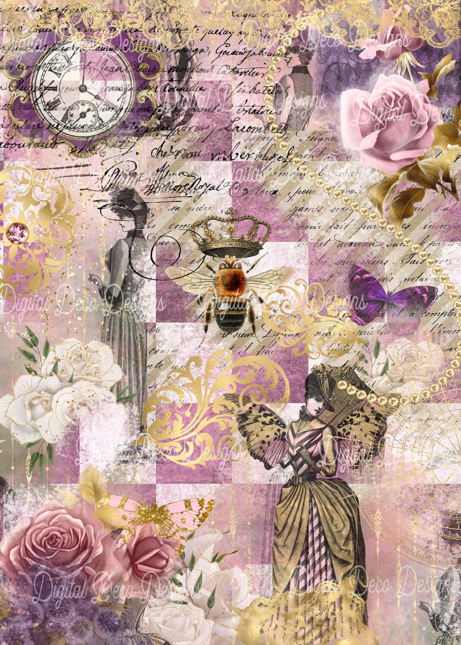 Digital Printable Decoupage Paper instant Download forever Queen Bee a4 crowns checks victorian Women pink White Purple Florals gold lace Etsy