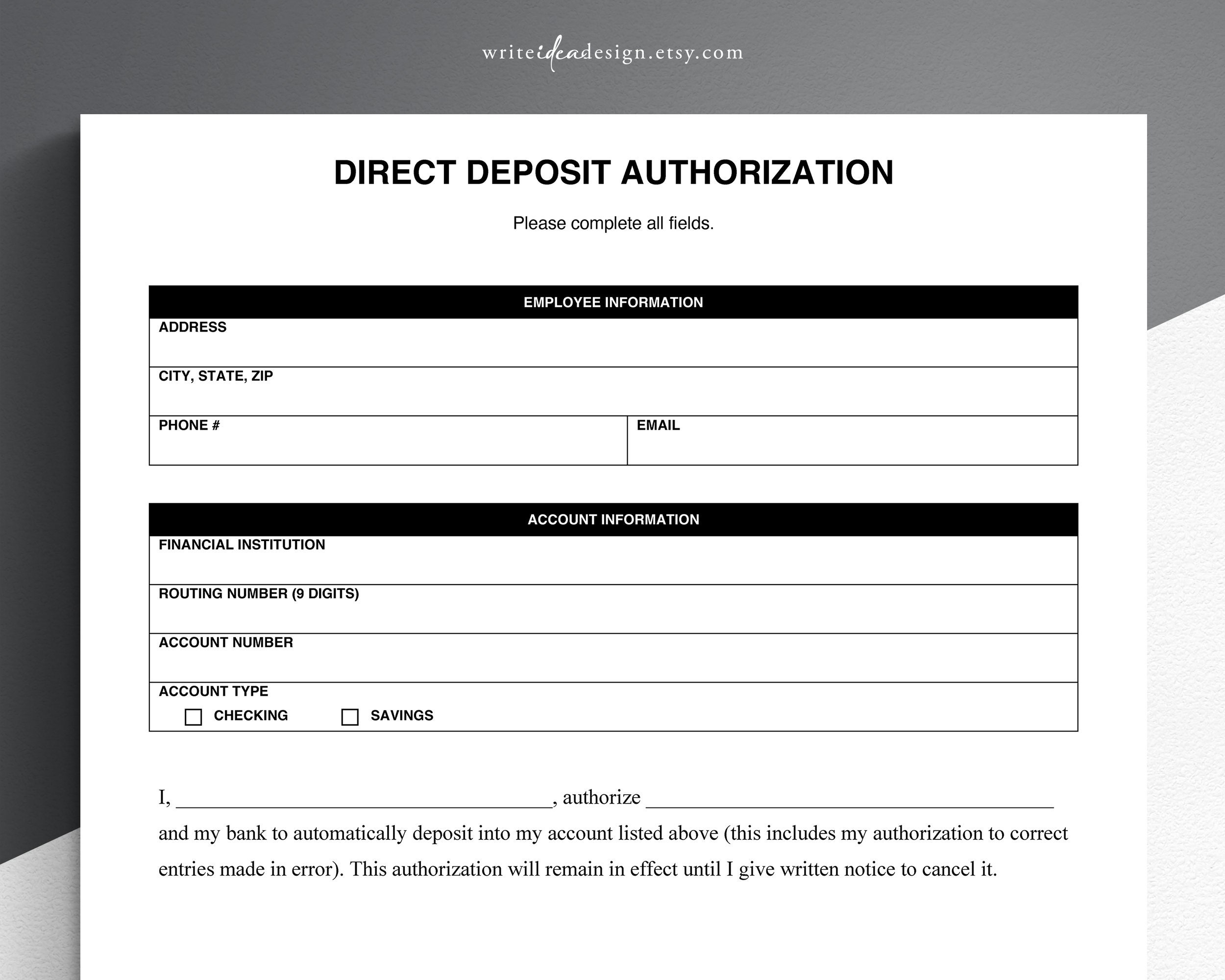 Direct Deposit Authorization Google Docs word adobe PDF Etsy