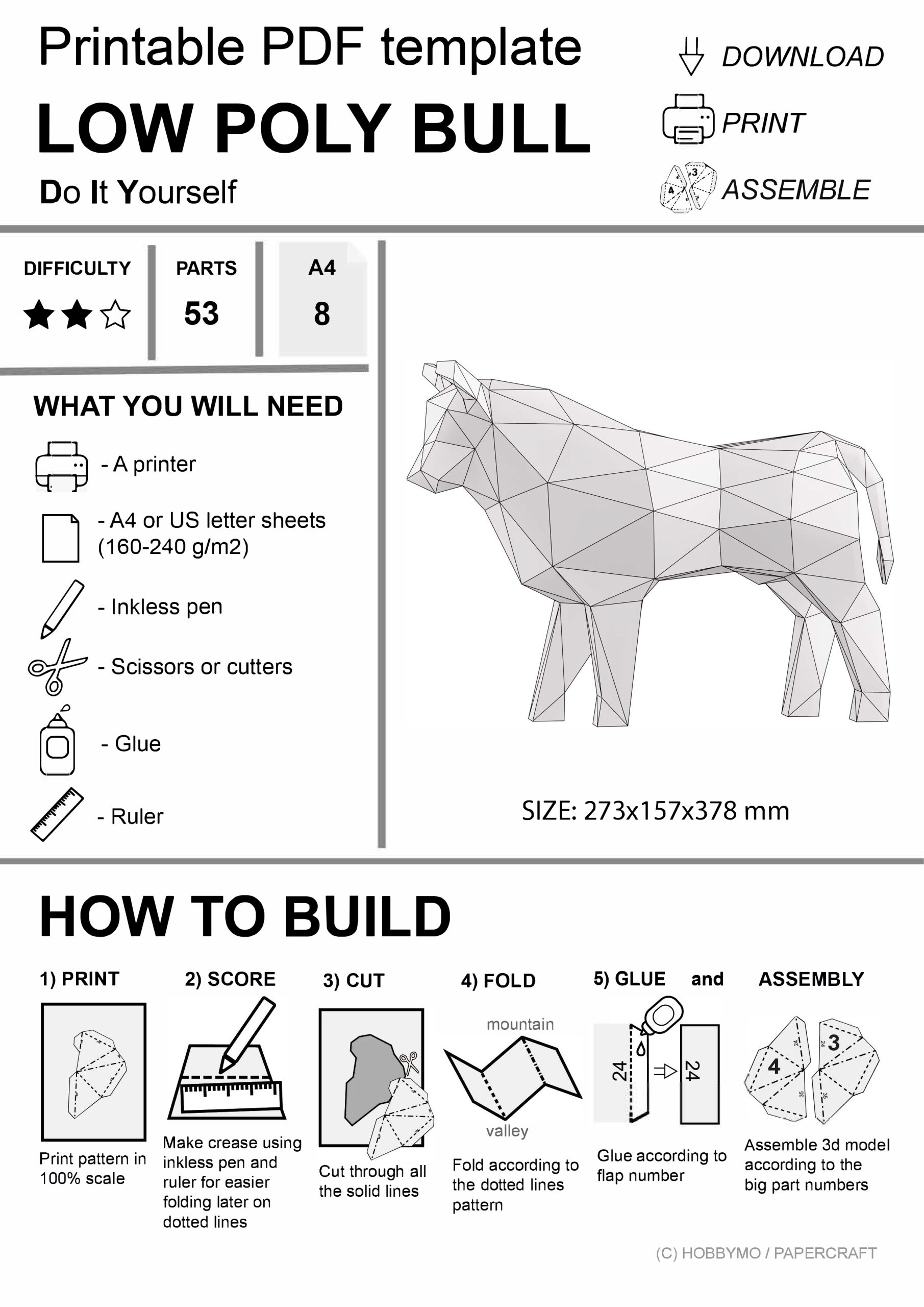 DIY Low Poly Bull printable Pdf Template Papercraft Animals Paper Sculpture 3D Origami Paper Model Crealandia