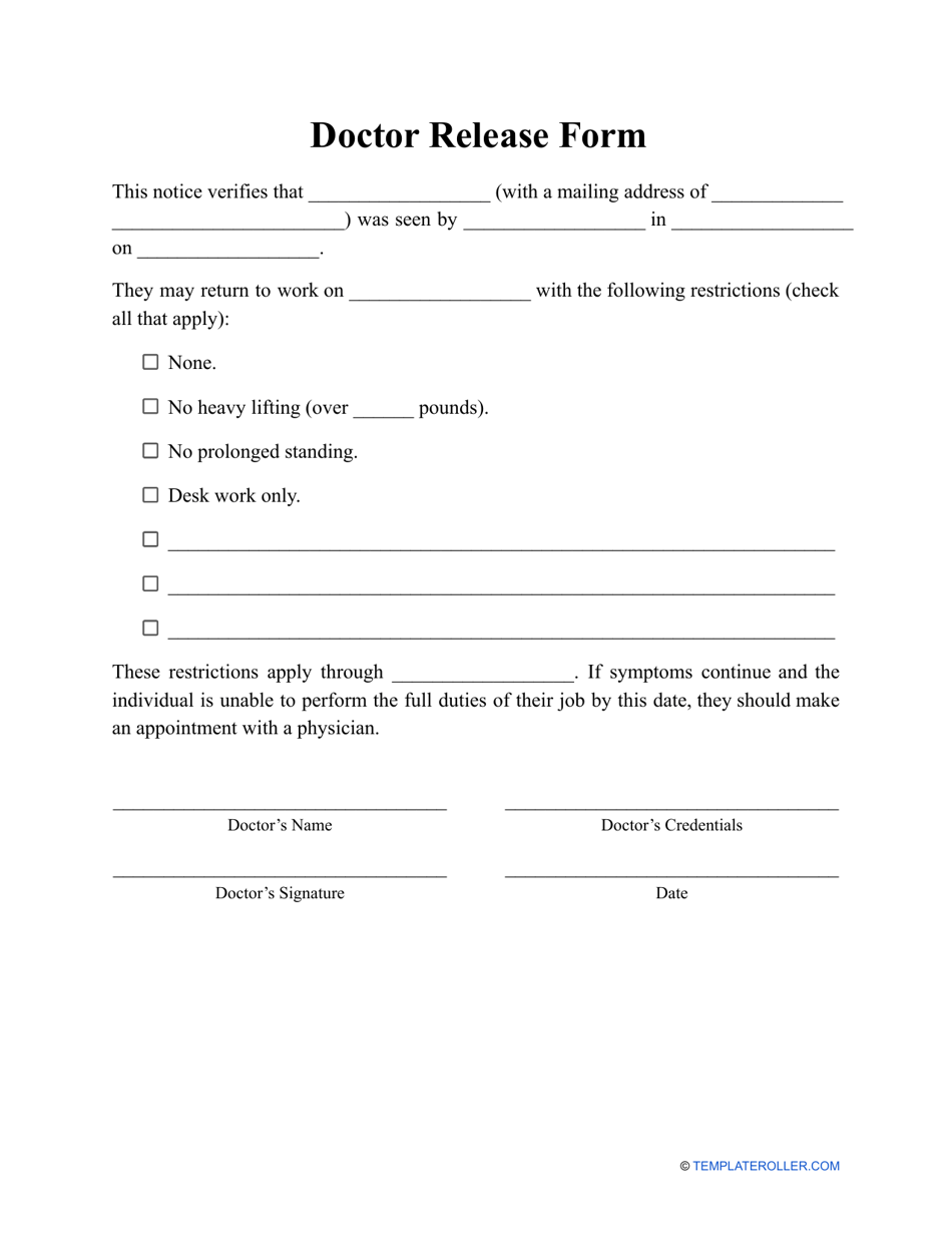 Printable Work Release Form