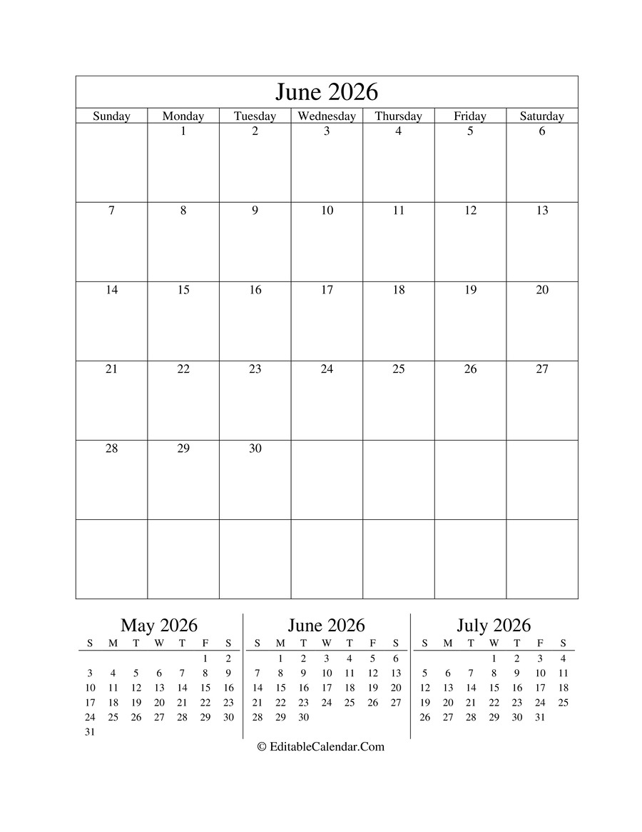 Editable Calendar June 2026