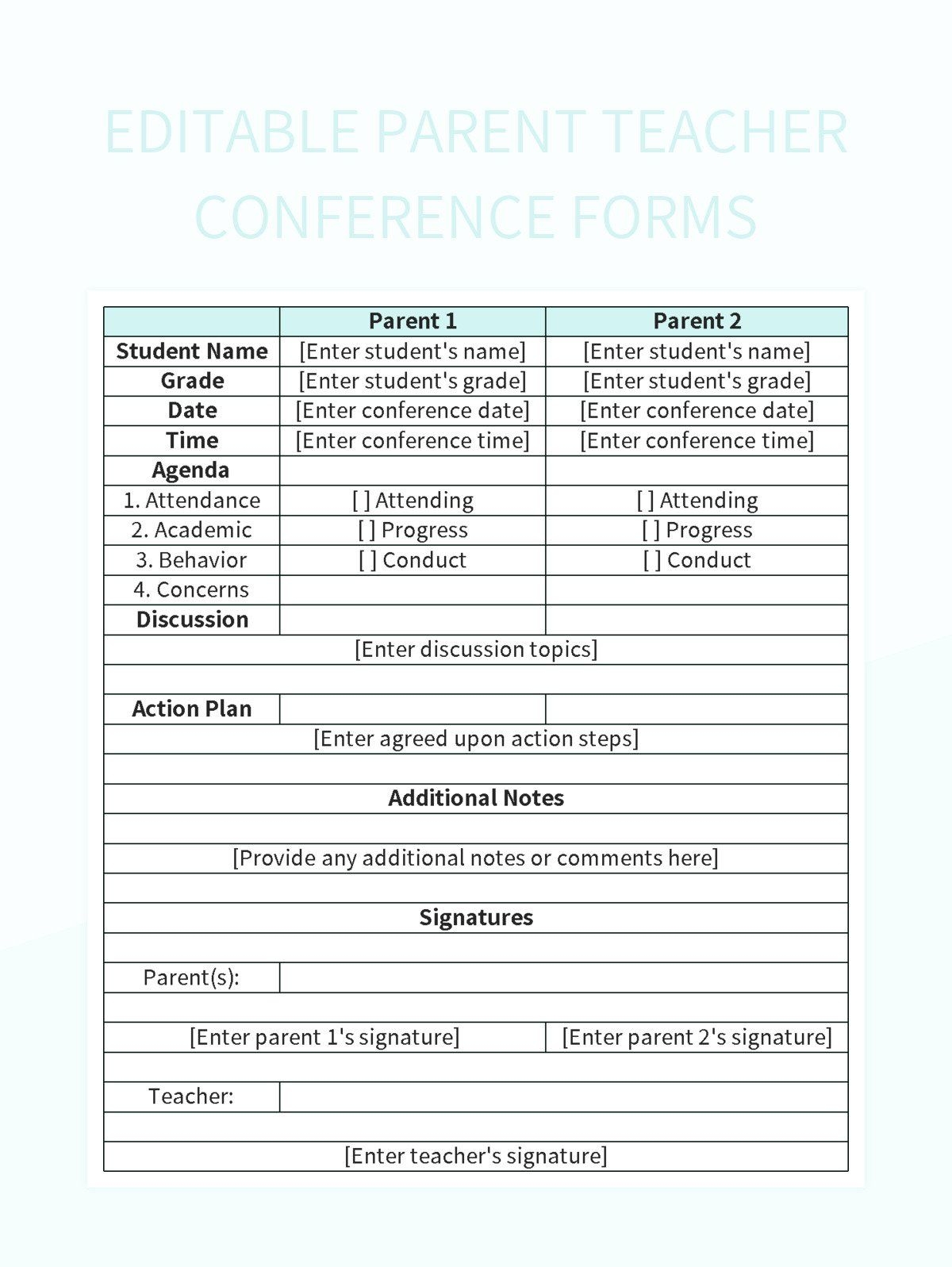 Free Printable Parent Teacher Conference Forms