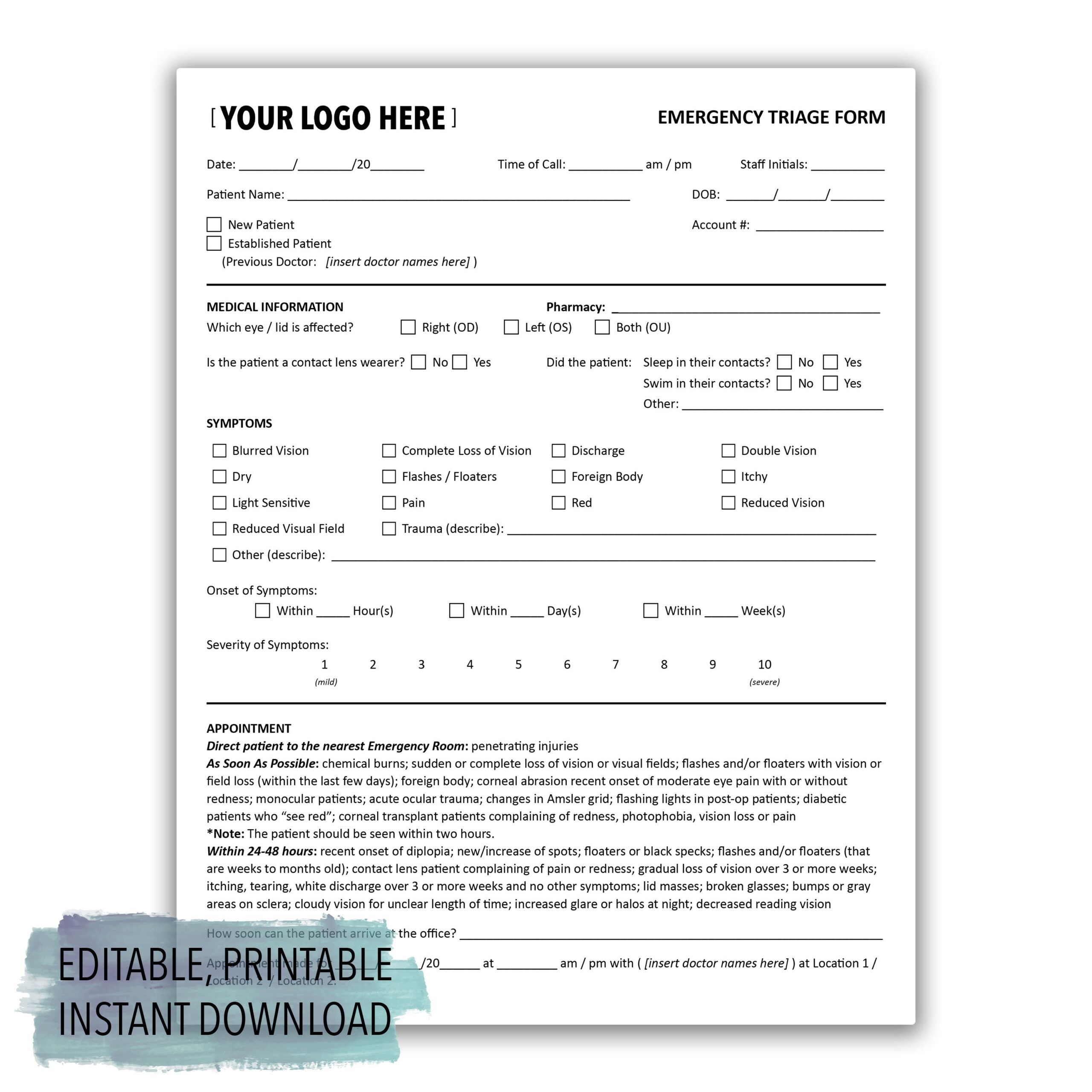 Emergency Triage Form Healthcare Optometry Ophthalmology Printable Editable Instant Digital Download Etsy Norway