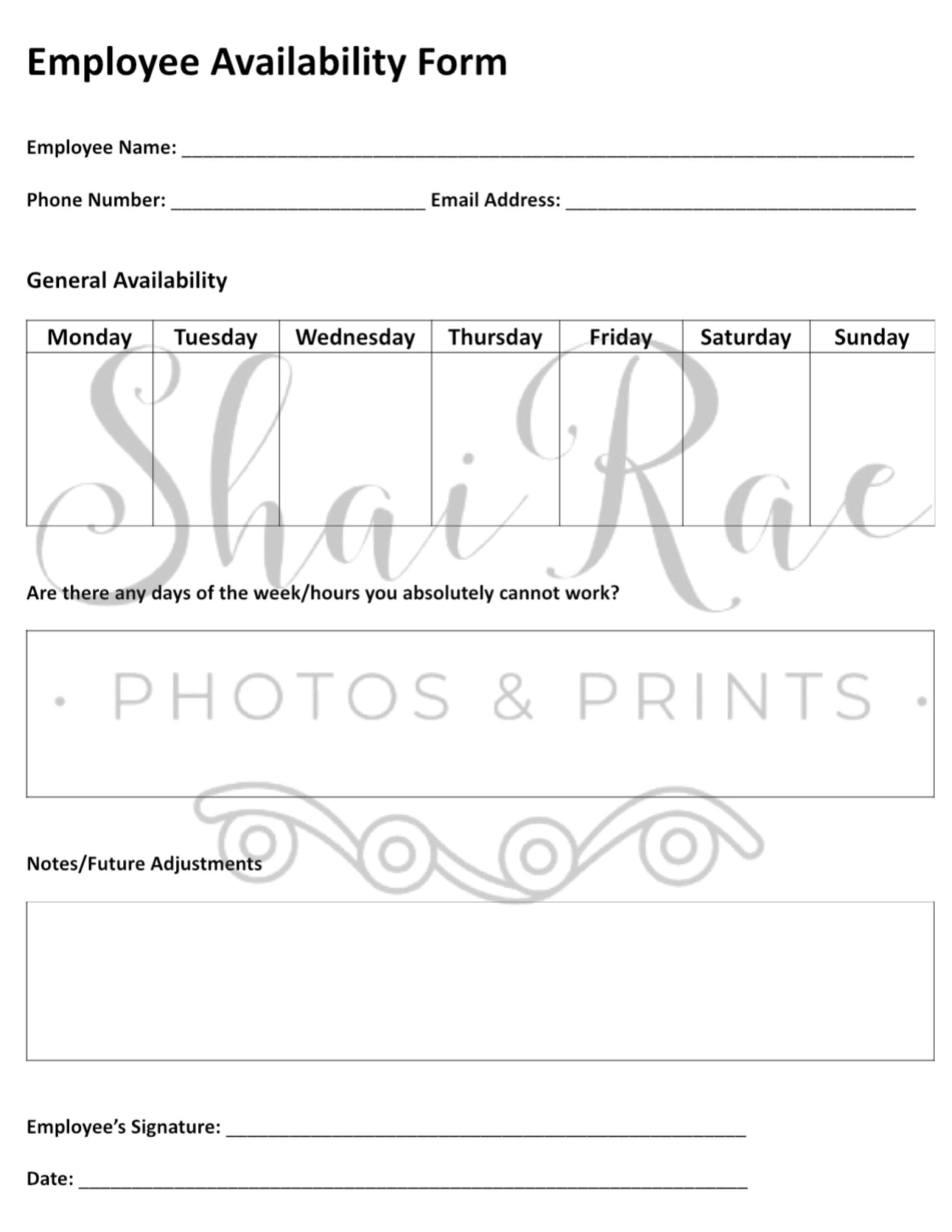 Printable Employee Availability Form