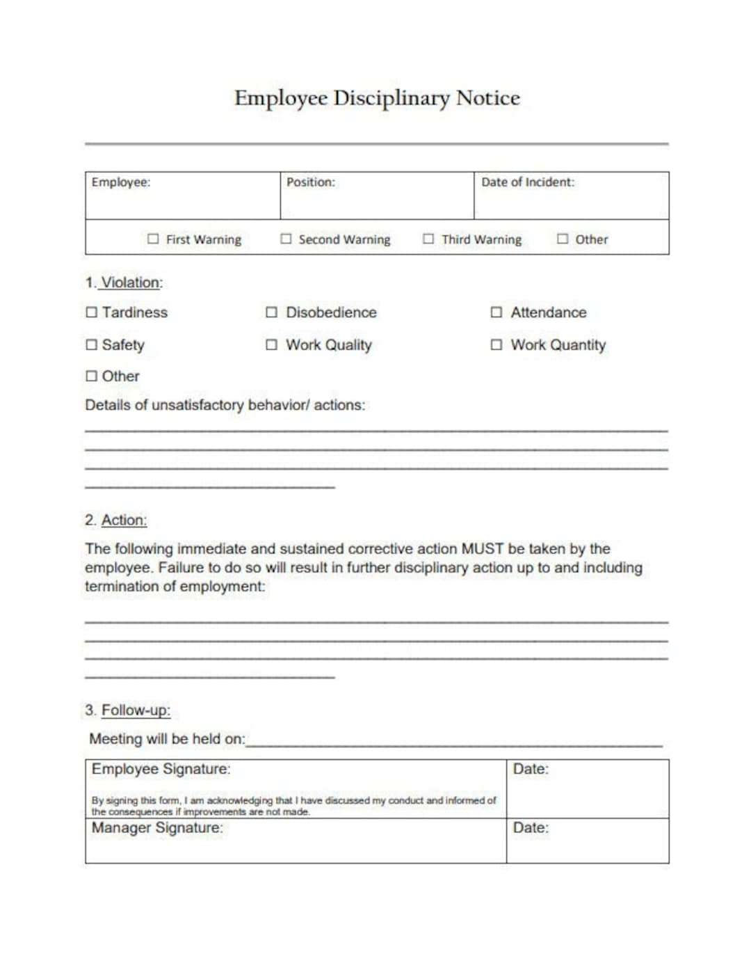 Employee Write Up Pdf Printable Disciplinary Action Form