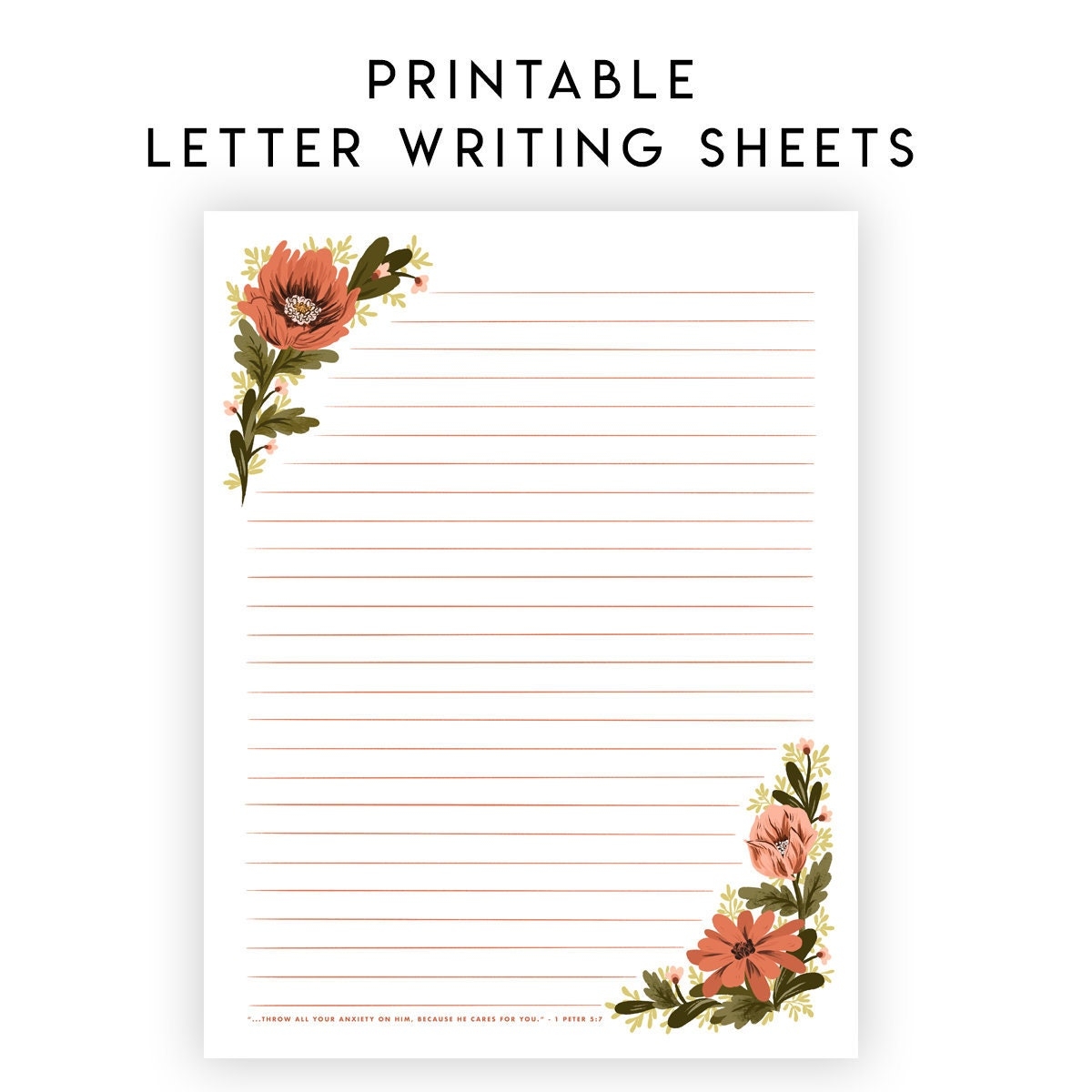 ENGLISH Printable Letter Writing Sheets Throw All Your Anxiety On Him Because He Cares For You 1 Peter 5 7 Ministry Personal Letters Etsy Israel