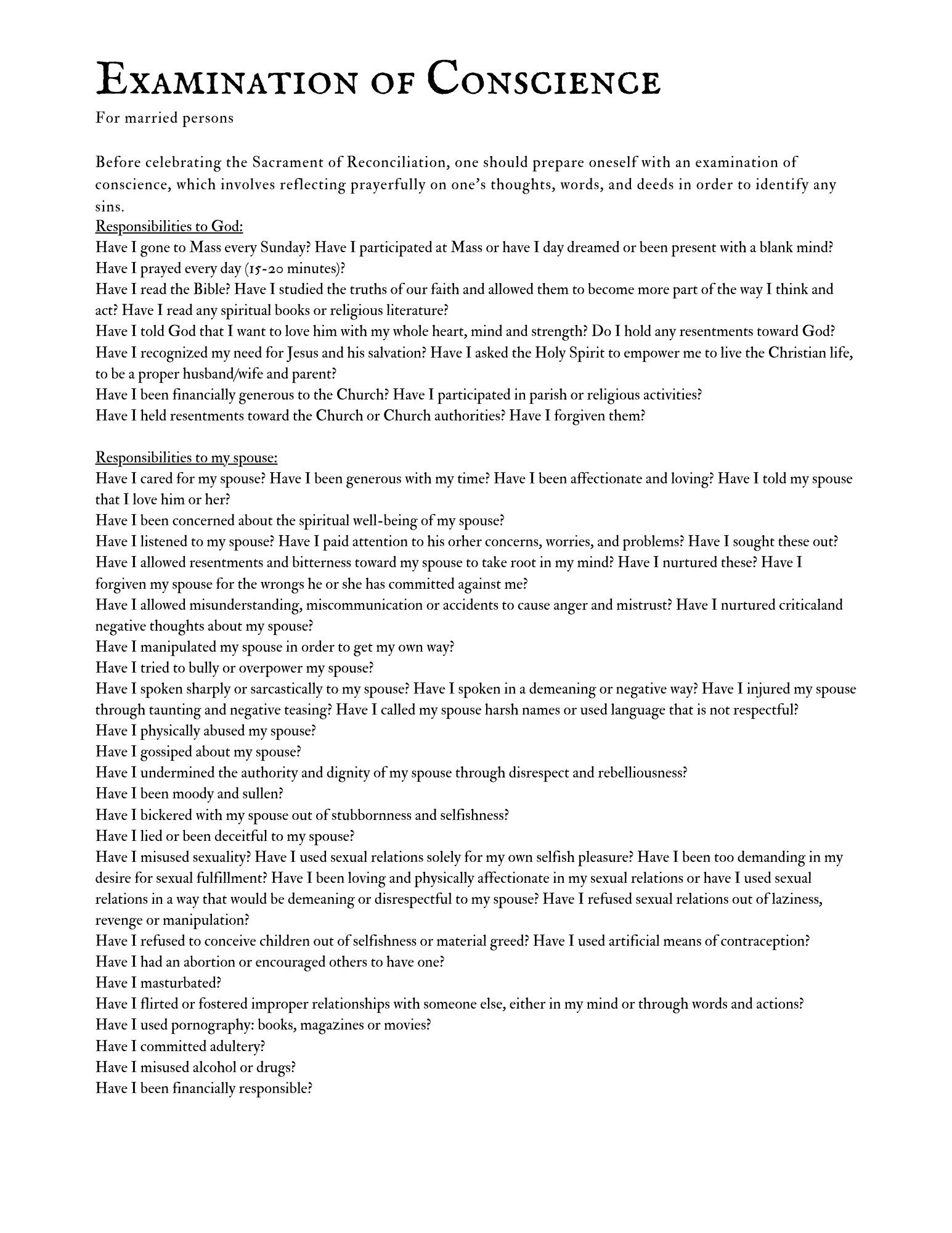 Printable Examination Of Conscience Worksheet