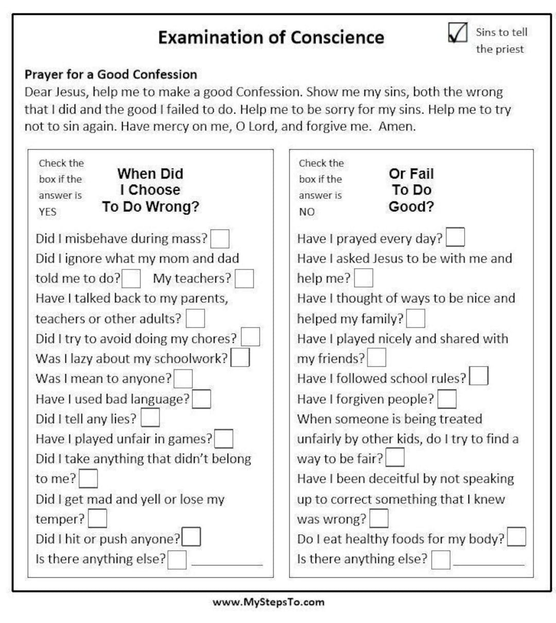 Examination Of Conscience For Kids To Use Before Confession Etsy