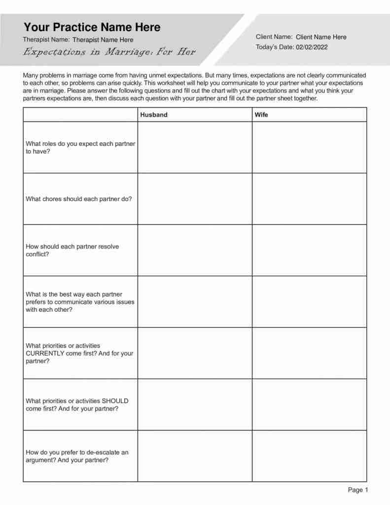 Expectations In Marriage Worksheet Editable Fillable Printable PDFs TherapyPatron