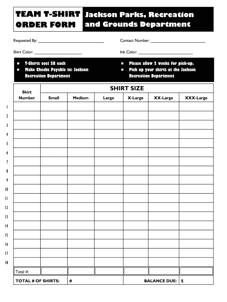 Printable Shirt Order Form