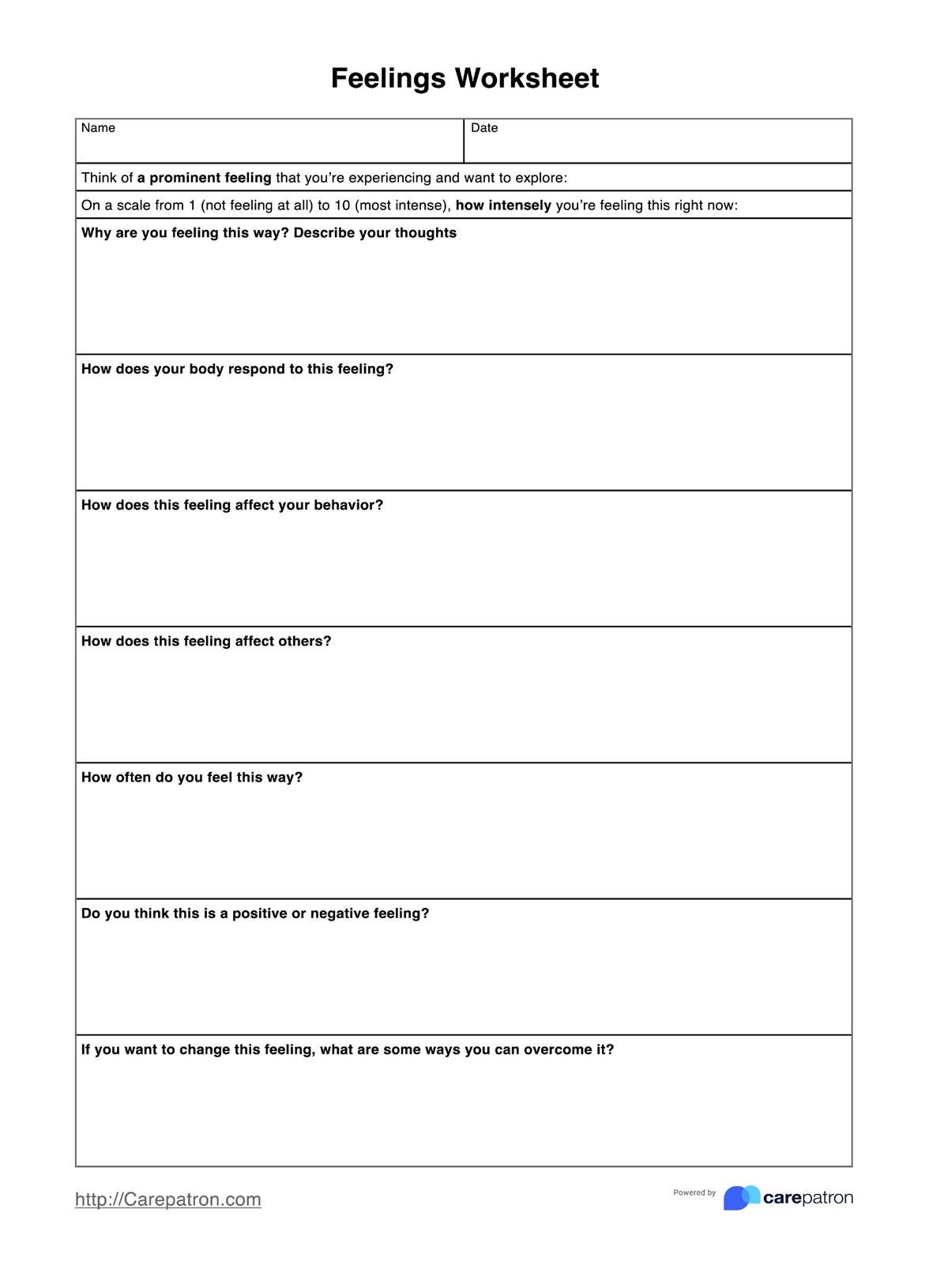 Feelings Worksheet Example Free PDF Download