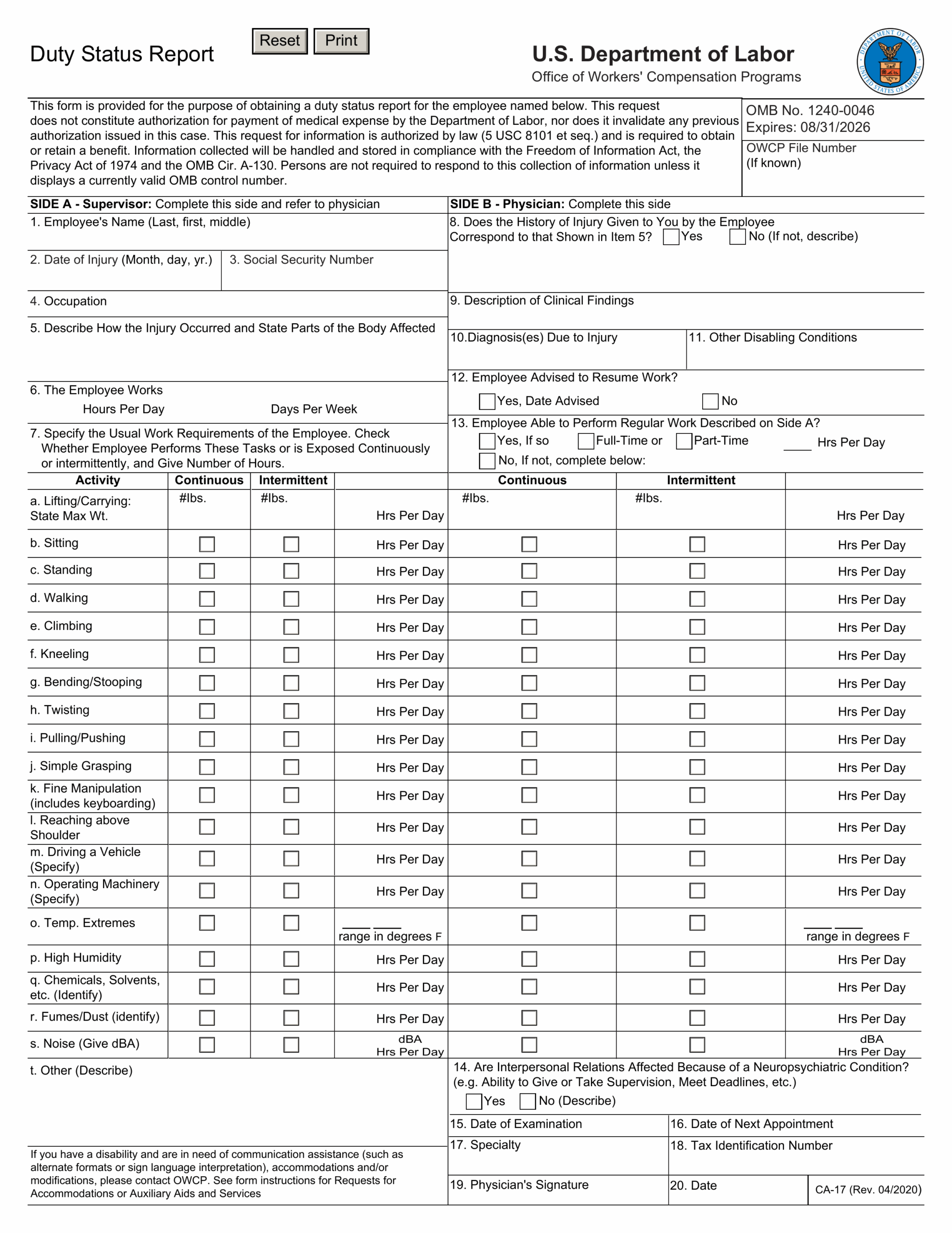 Fill Form CA 17 Duty Status Report 2024 2025 Create Fill Forms
