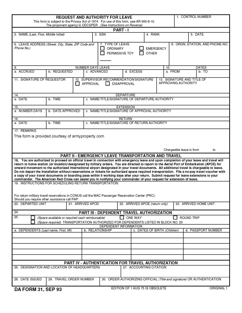 Fillable DA Form 31 PDF Word