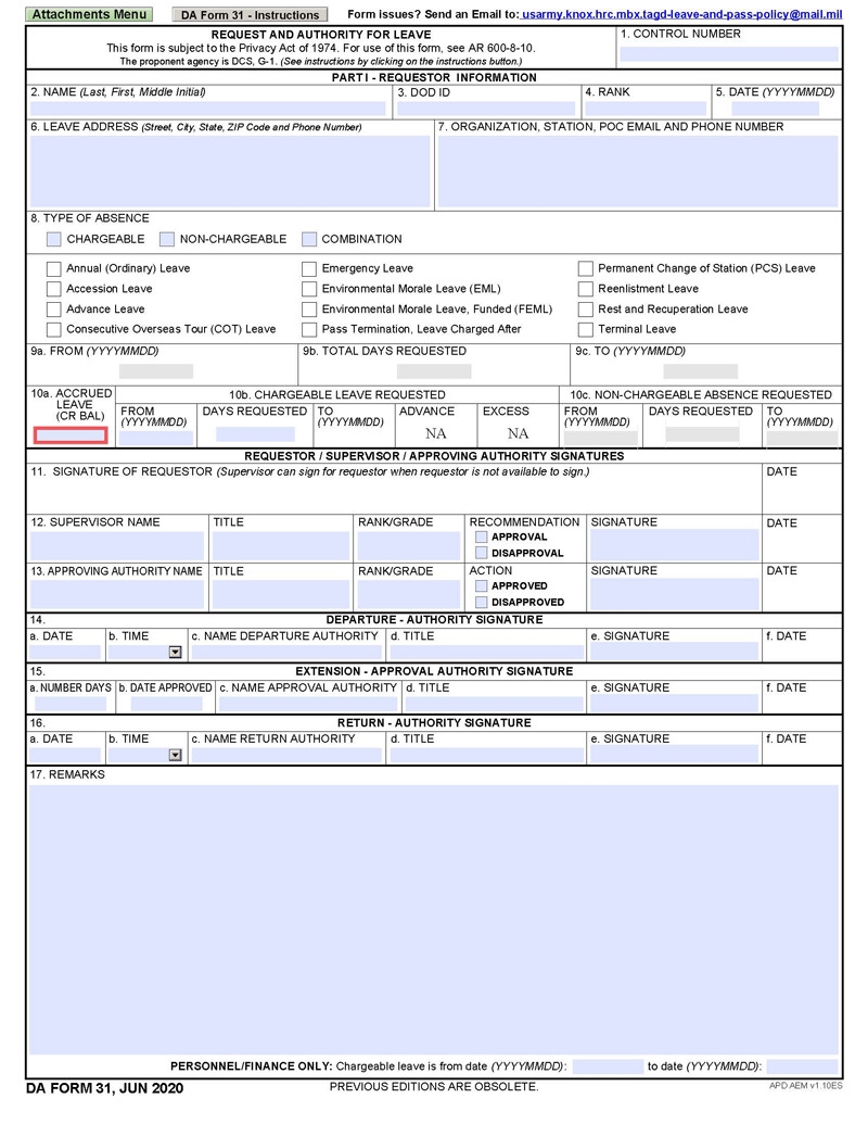 Fillable DA Form 31 PDF Word
