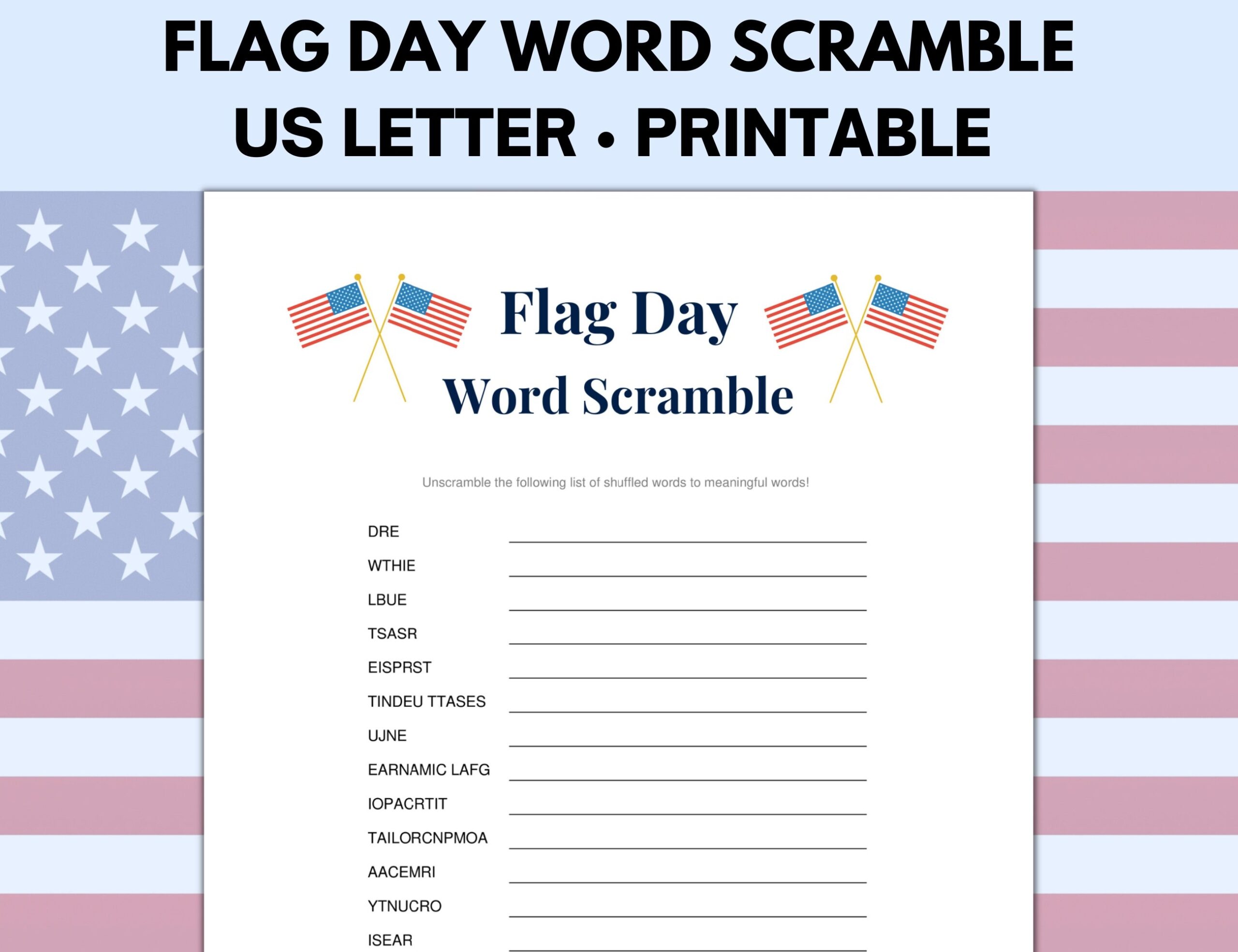 Flag Day Word Scramble Flag Day Printable Flag Day Activities Flag Day Games Patriotic Games Etsy