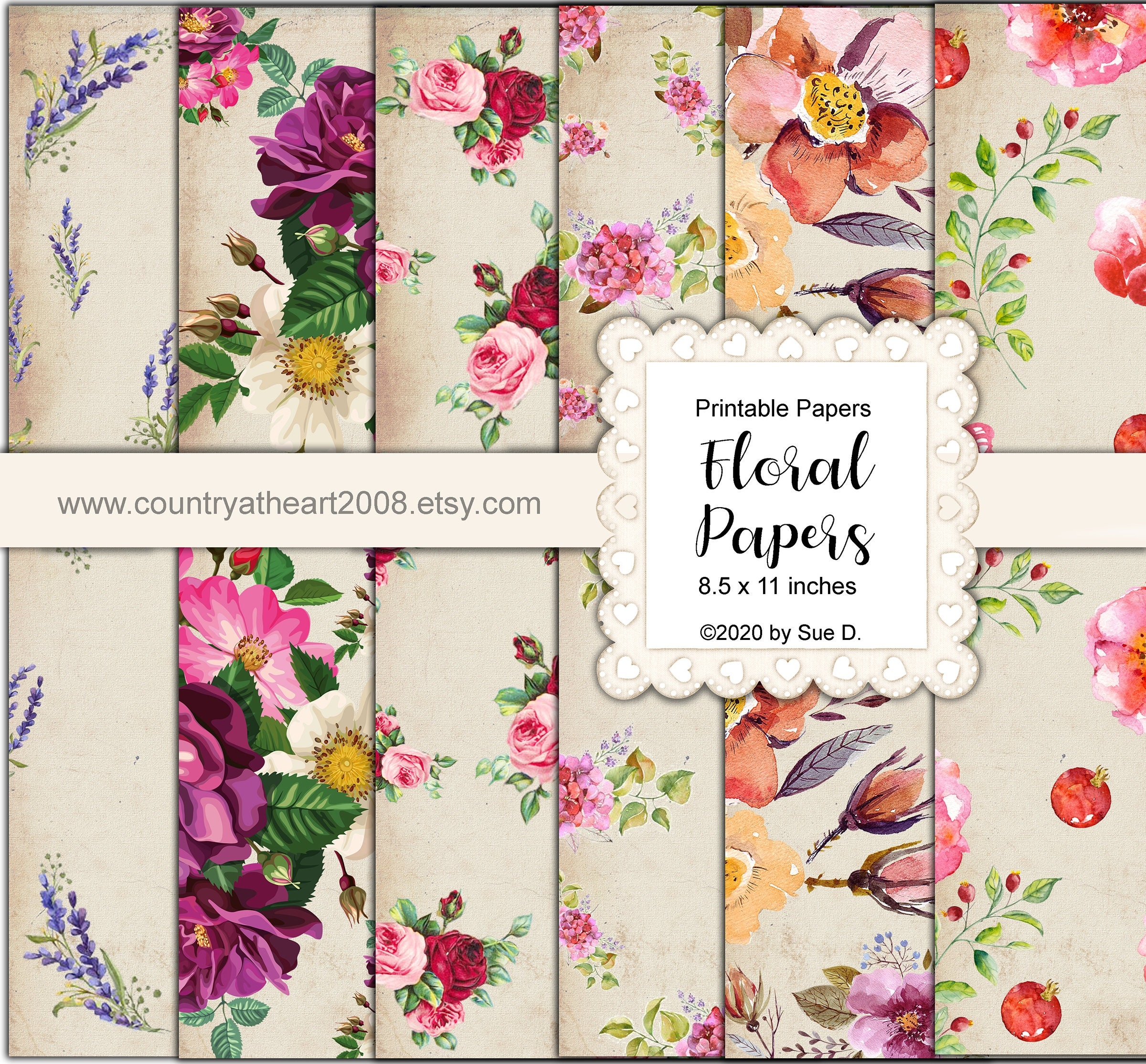 Floral Papers Printable Paper 6 Full Size Sheets Of Printable Papers Digital Download Journal Paper Etsy