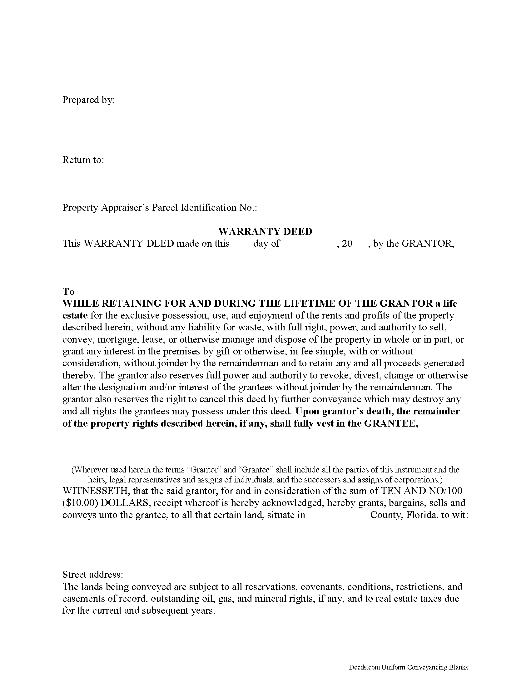Printable Lady Bird Deed Florida Form
