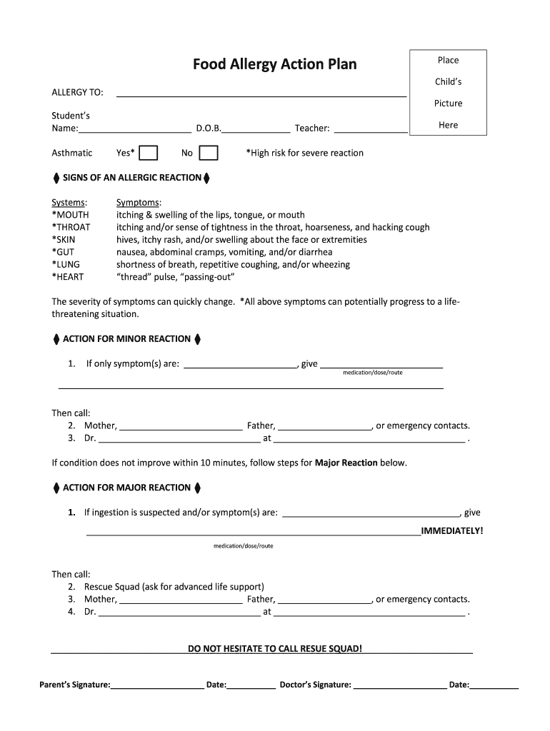 Printable Allergy Form Template