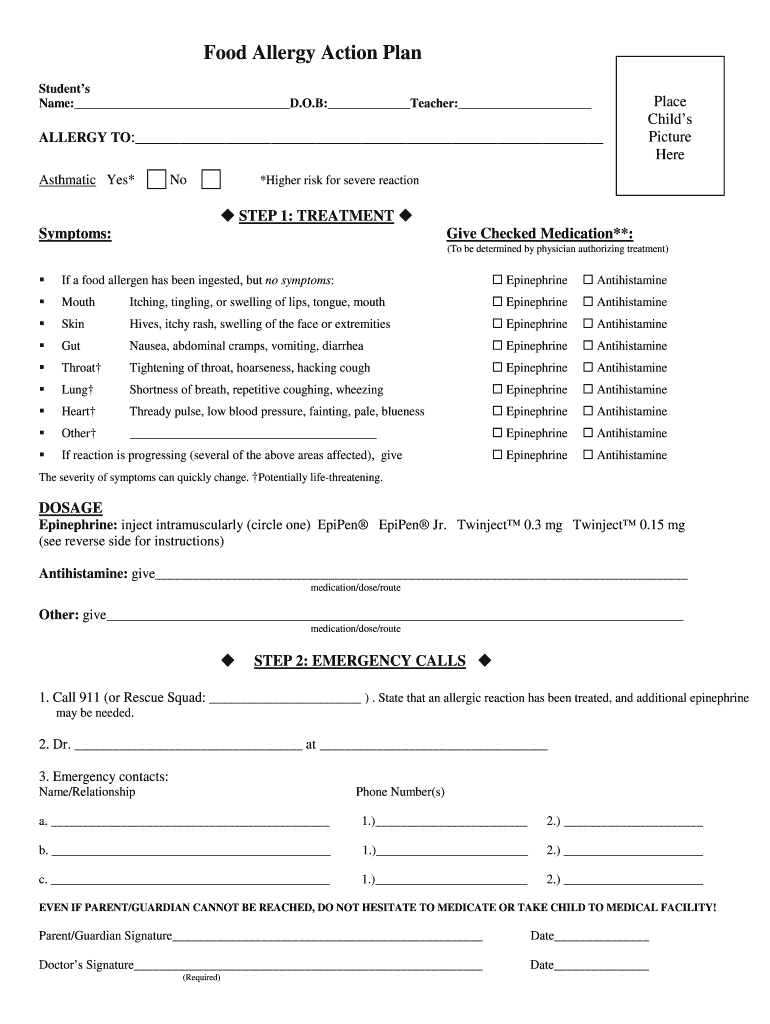 Food Allergy Plan Fill Online Printable Fillable Blank PdfFiller